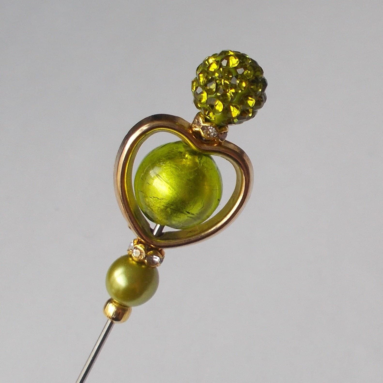 Handmade Green Glass Bead Hatpin: Gold Heart Steel Pin (5 inch) - image 3