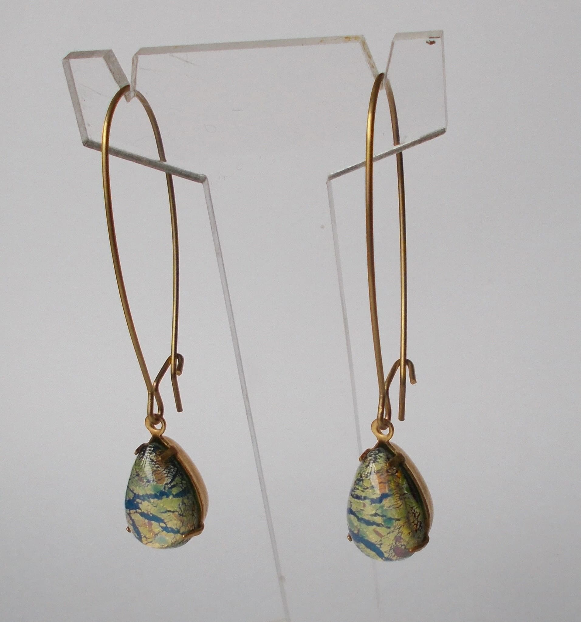Earrings - Vintage Gold / Green Foil Handmade Brass Long Drop Earrings