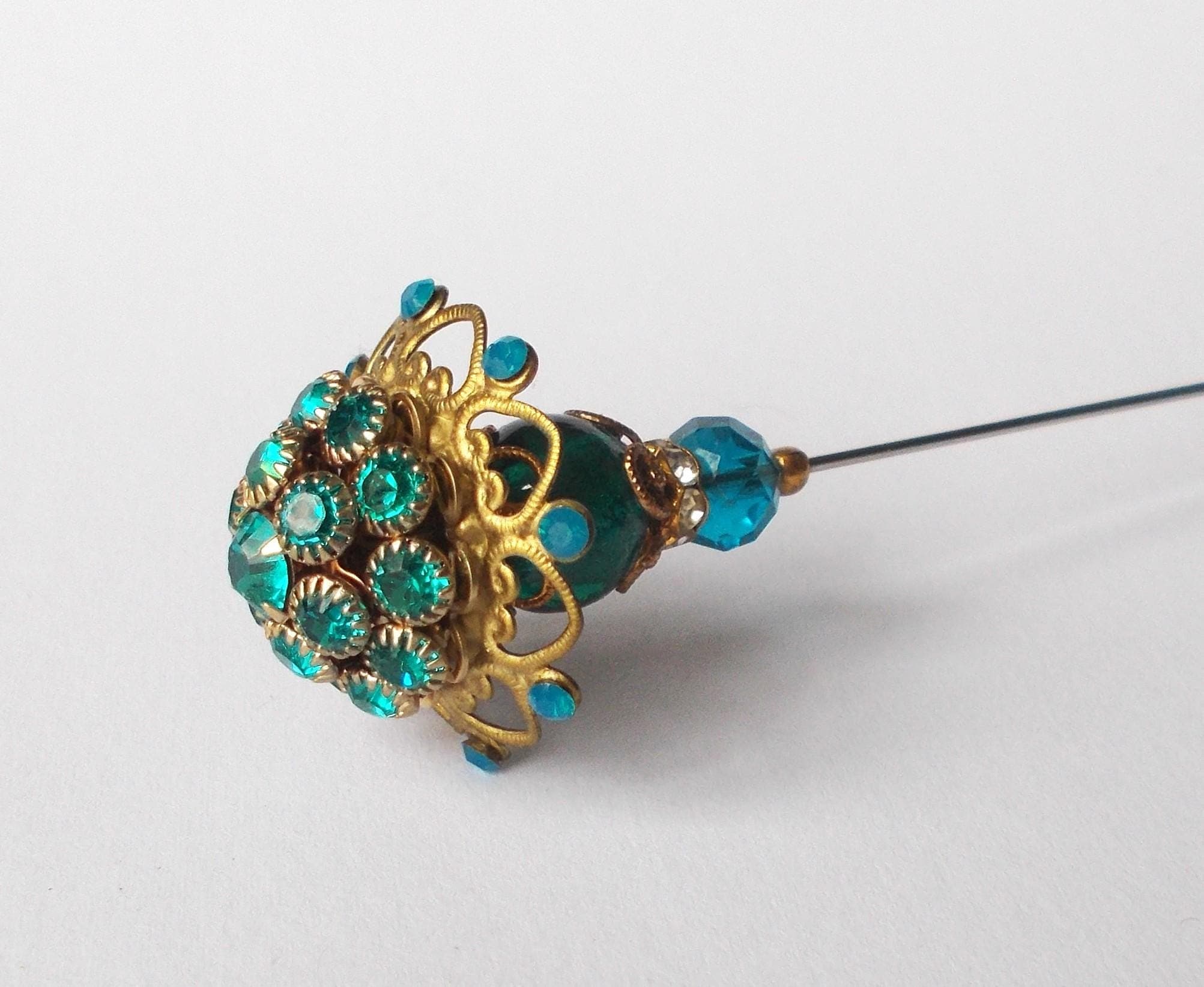 Hatpin - Limited Edition Stunning Rhinestone Decorated Metal Top and Glass Bead 7 inch Handmade 1mm Diameter Steel pin - image 3