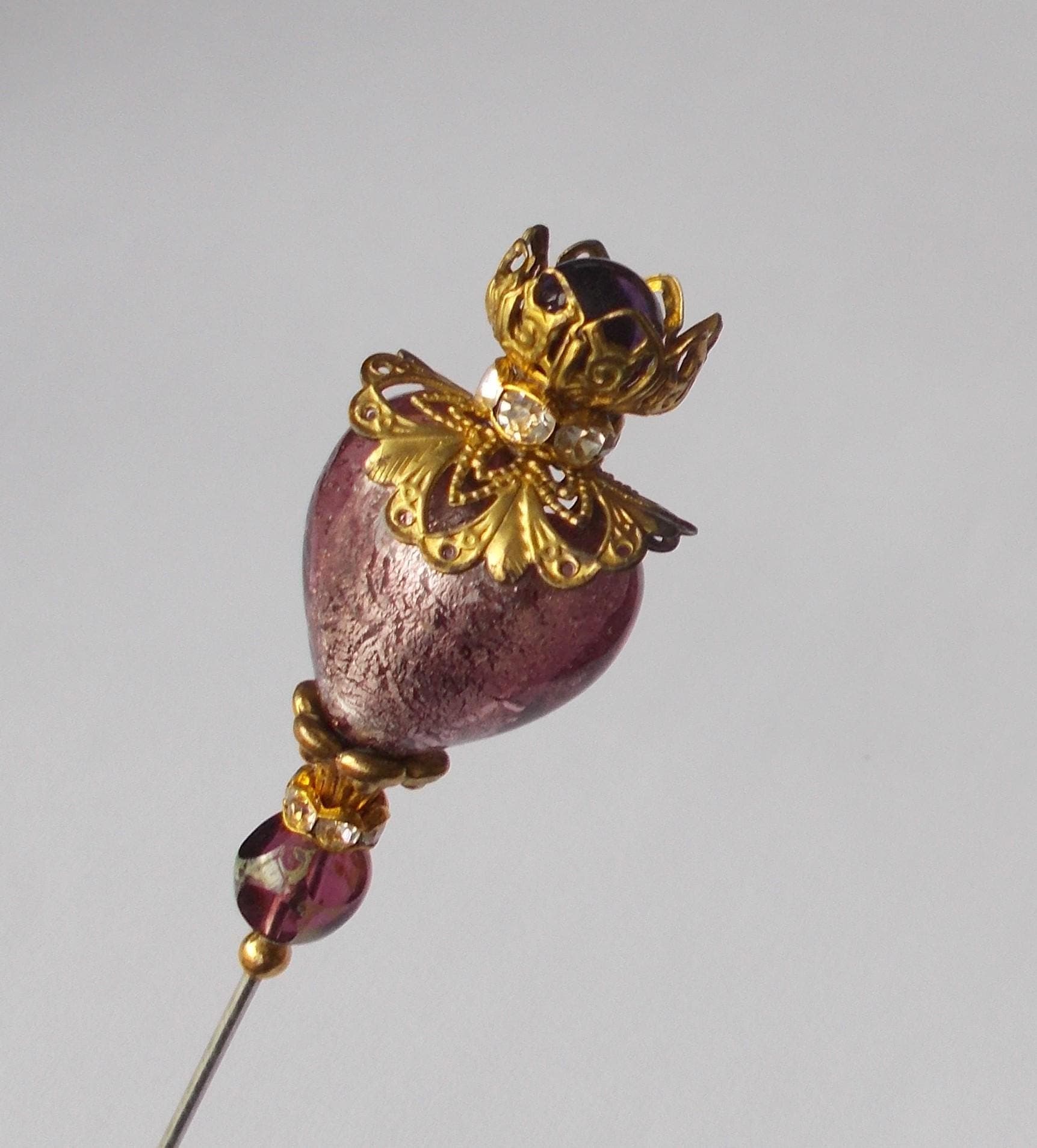 Hatpin - Amethyst Glass Heart Hatpin: 1.2mm Diameter Steel Pin, 6.5 Inches Long - image 4