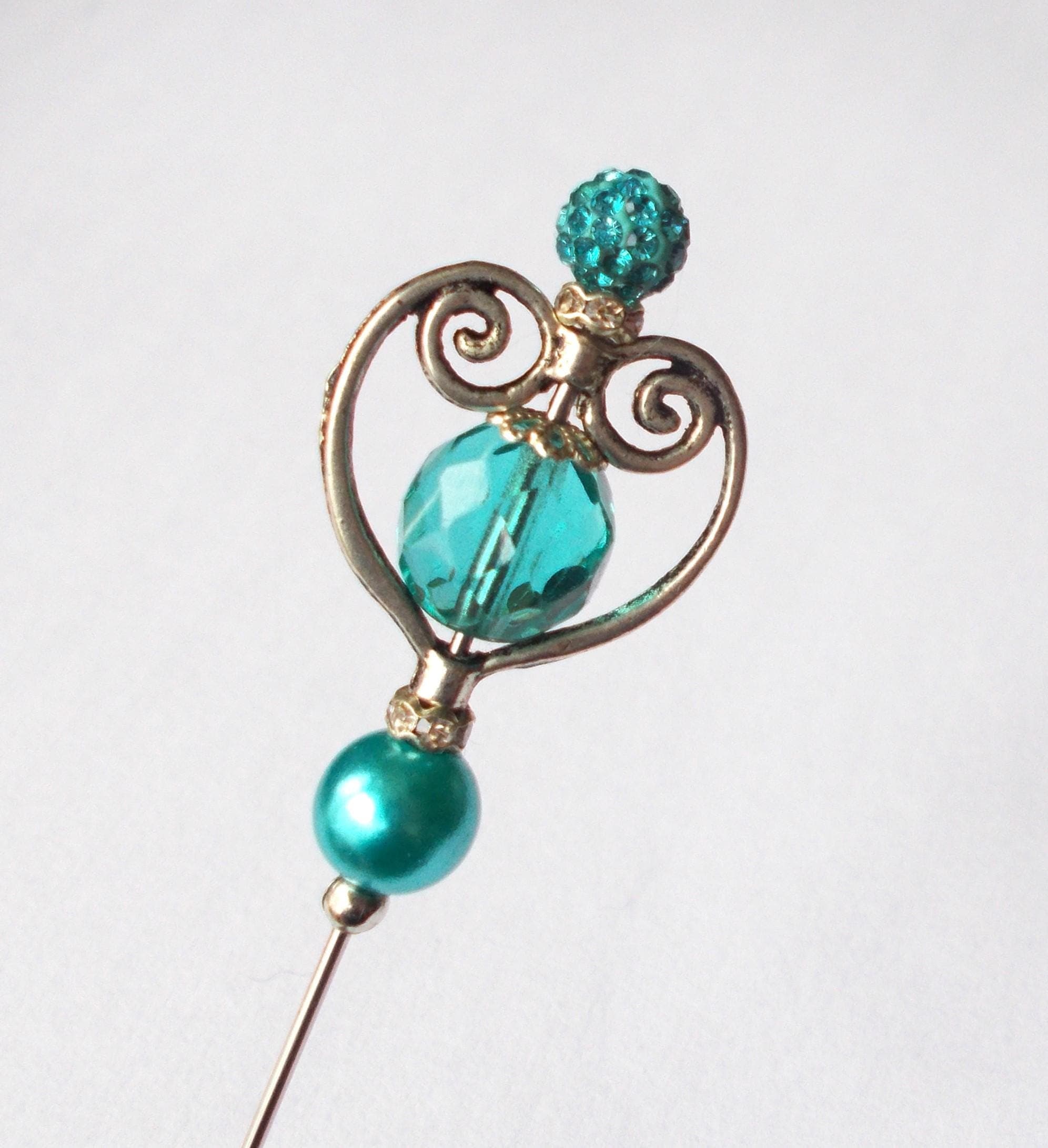 Handmade Silver Heart Hatpin: Blue Glass & Faux Pearl Bead - image 5