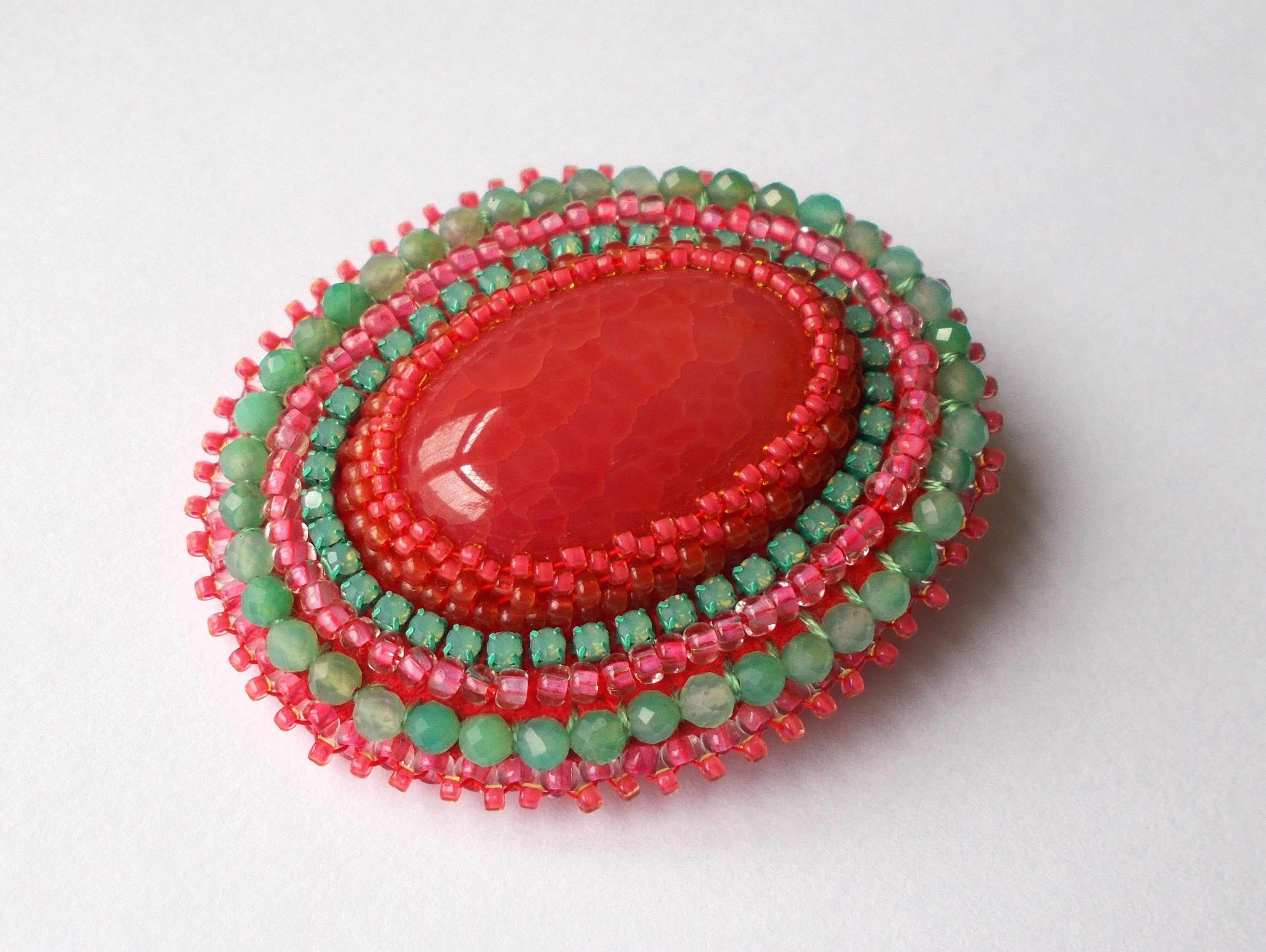 Brooch - Orange Agate Cabochon with Hand Beaded Chrysoprase Gemstones and Beadwork - Gold Colored Pin.