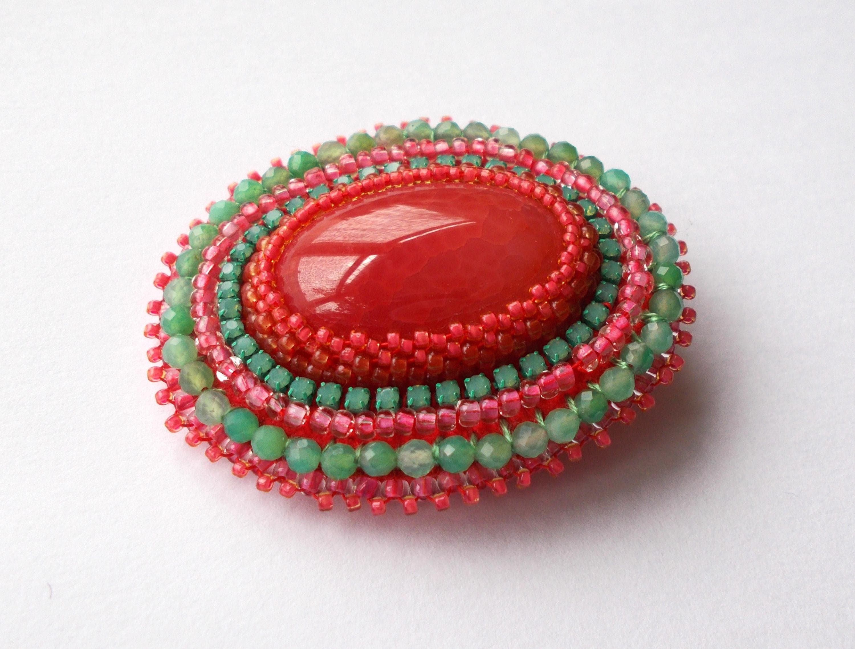Brooch - Orange Agate Cabochon with Hand Beaded Chrysoprase Gemstones and Beadwork - Gold Colored Pin. - image 4