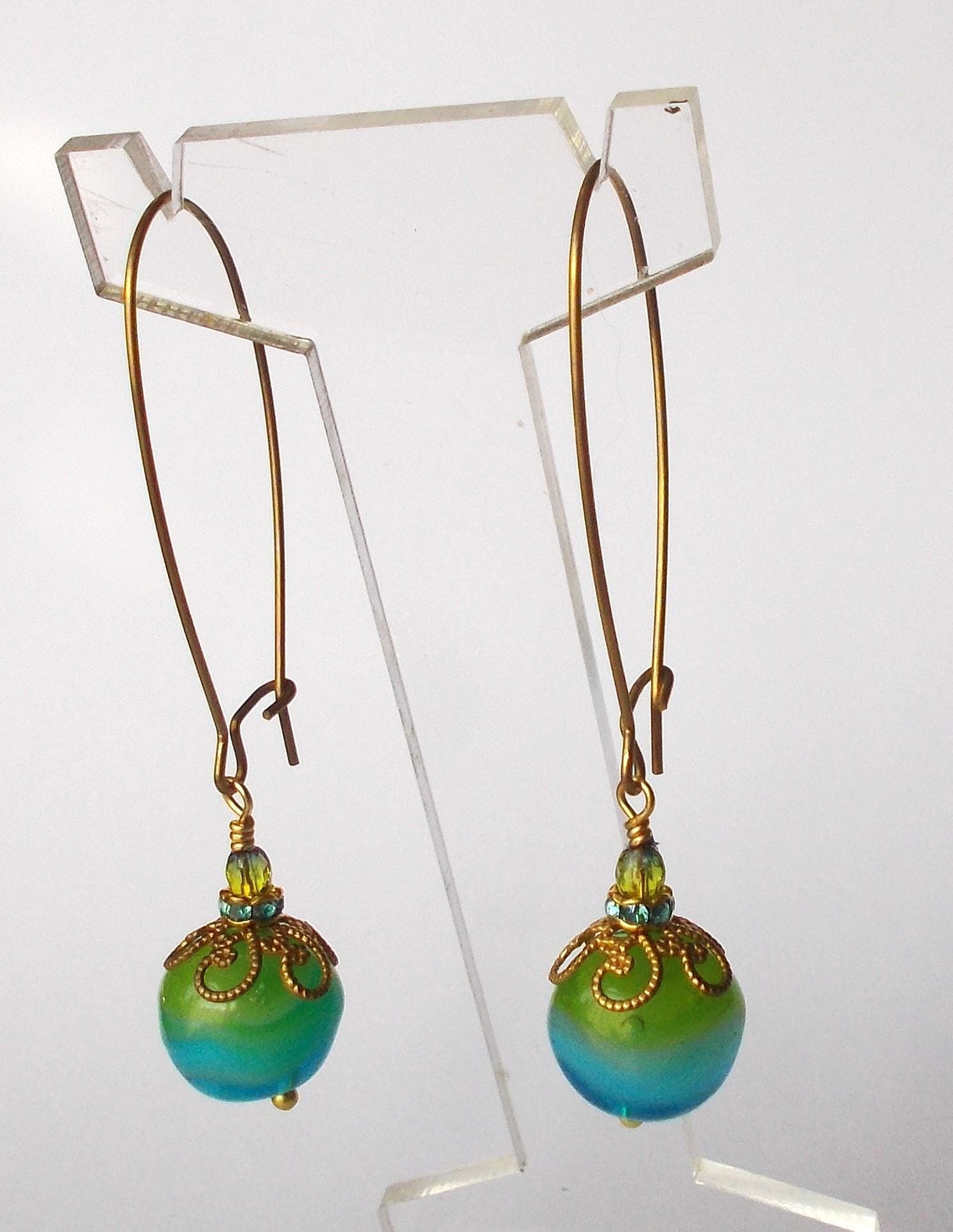 Earrings - Handmade Vintage Green/Blue Glass Stones and Long Brass Finding Earrings - image 5