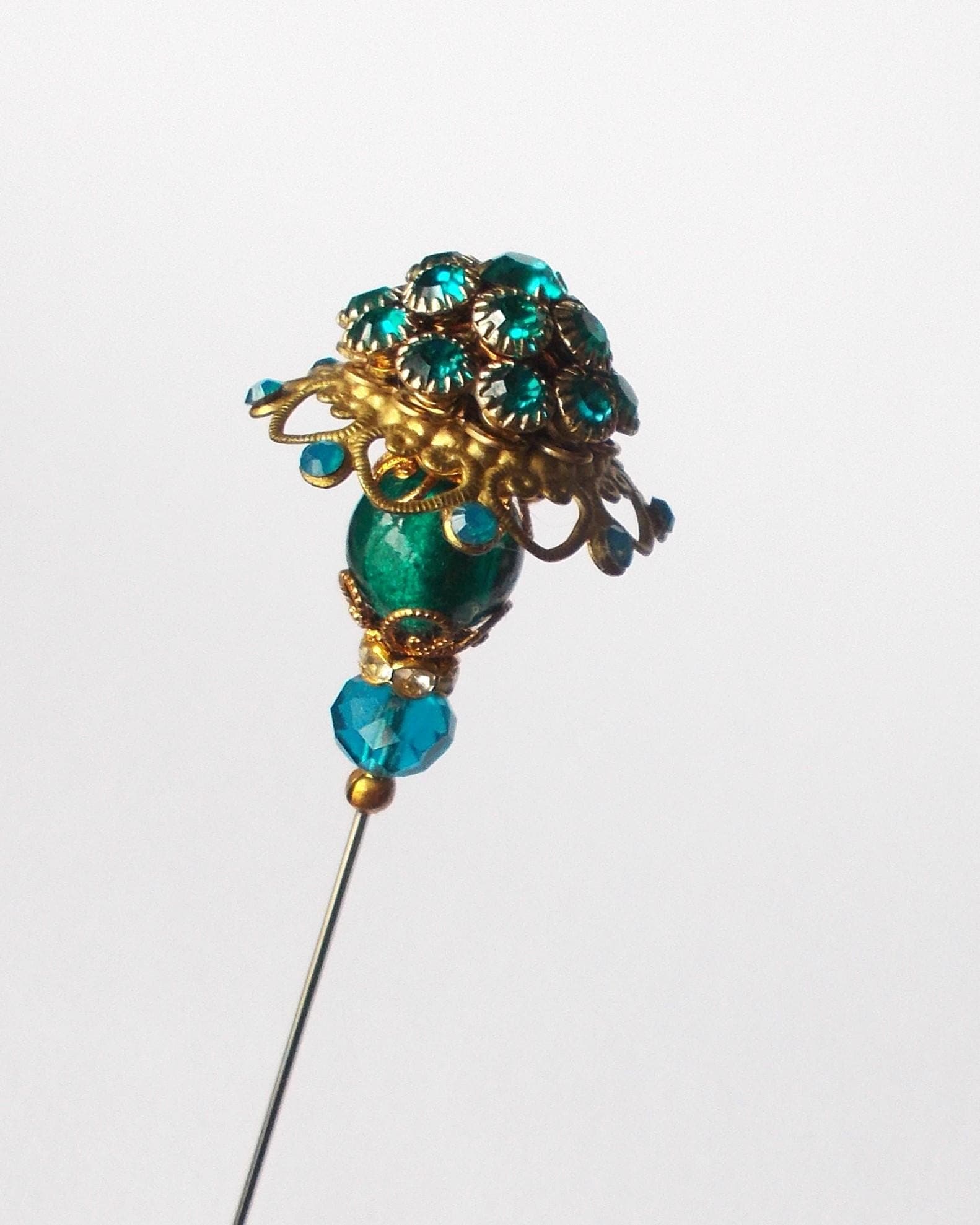 Hatpin - Limited Edition Stunning Rhinestone Decorated Metal Top and Glass Bead 7 inch Handmade 1mm Diameter Steel pin - image 5