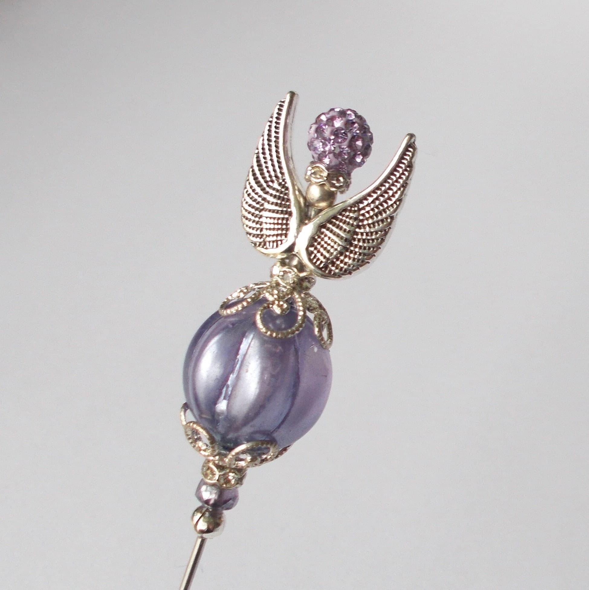 Lilac Glass Angel Hatpin: Handmade Silver Steel Pin (6.25 inch) - image 3