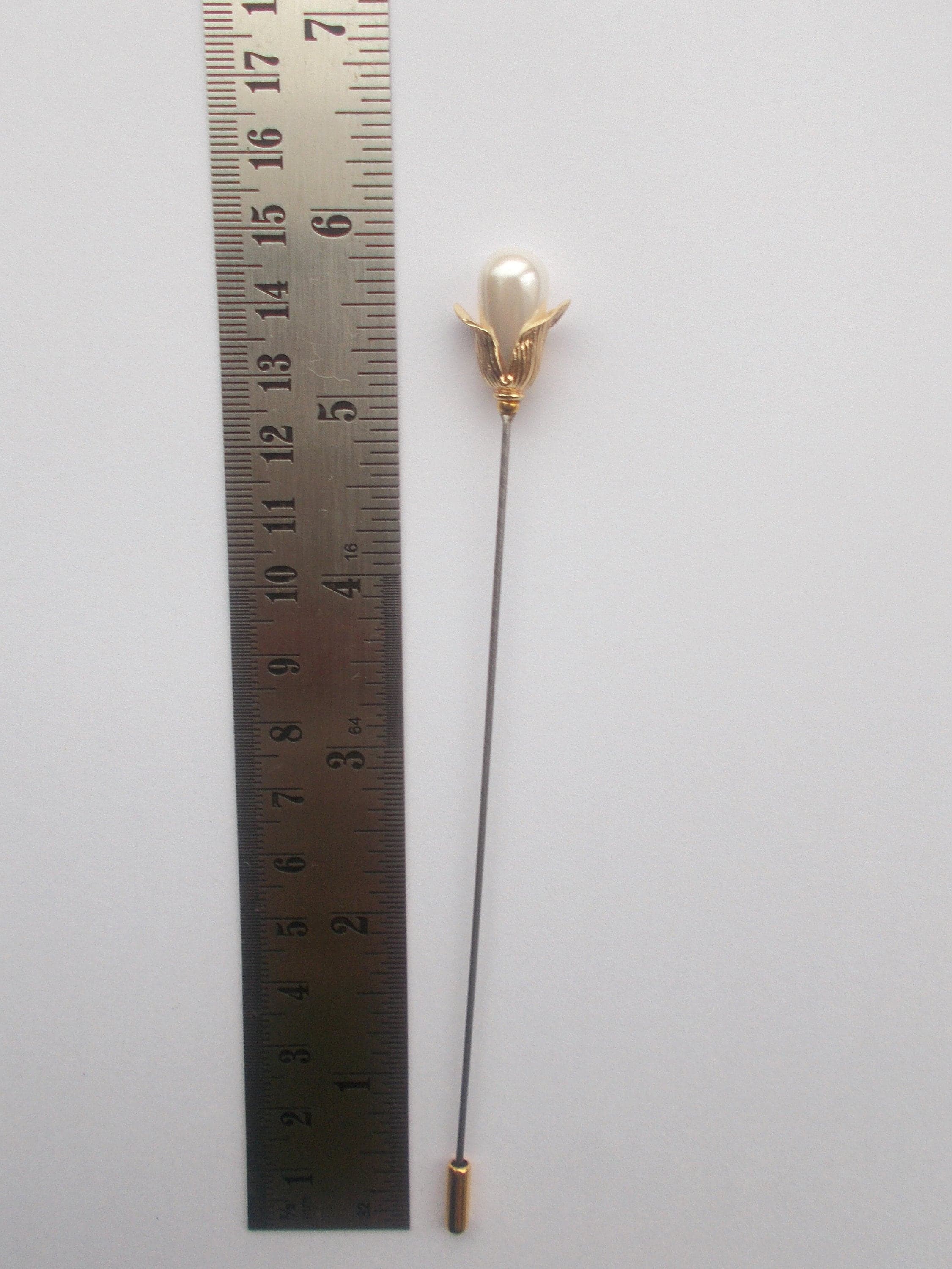 Hatpin - Snowdrop Inspired Classic White Faux Pearl Hat Pin/ Veil Pin & Gold Coloured Findings approx 5.5 inch Handmade 1.2mm Diameter Steel - image 5