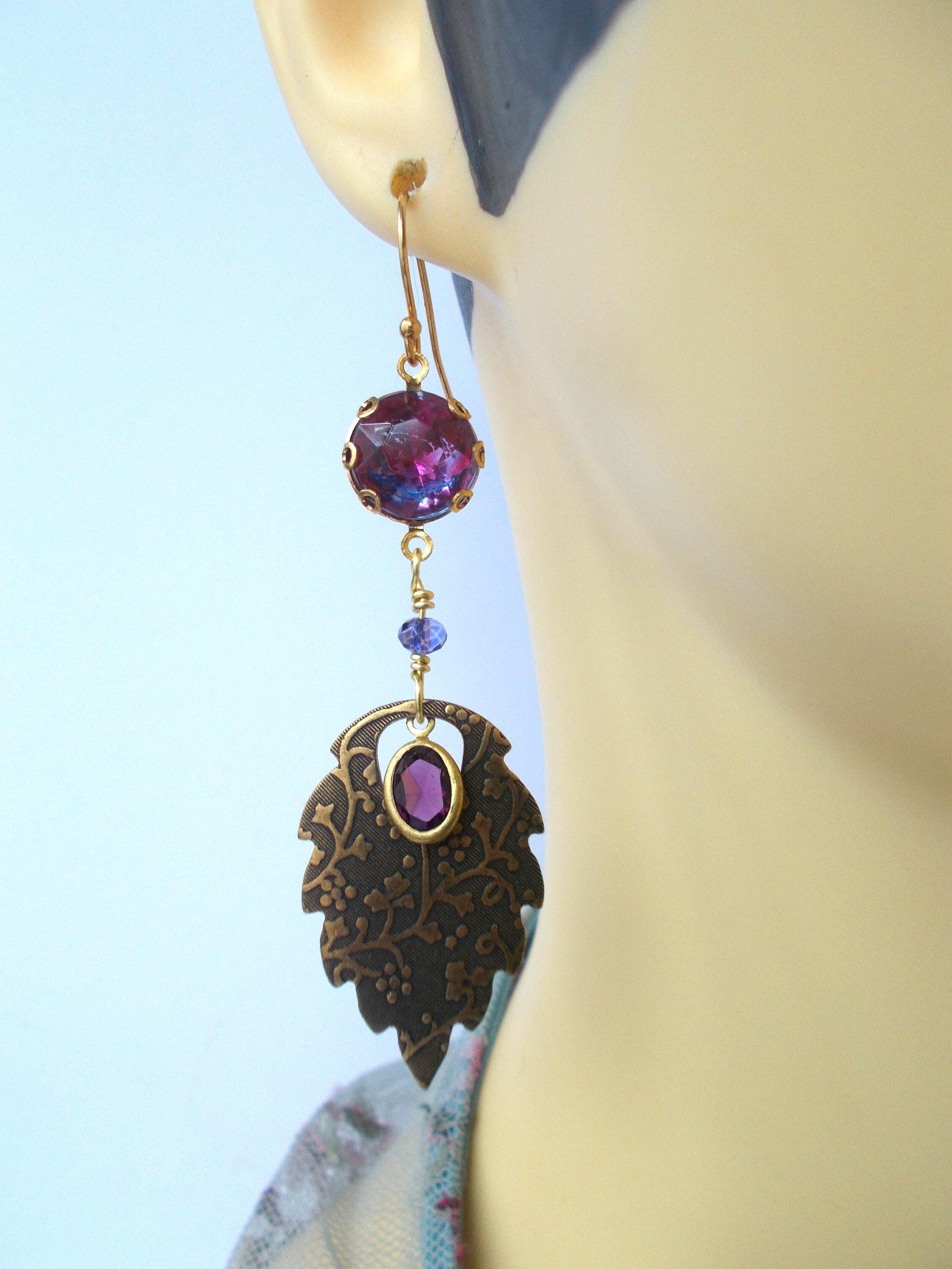 Art Deco Purple Glass Earrings: Handmade Brass Leaf Dangle Earrings - image 5