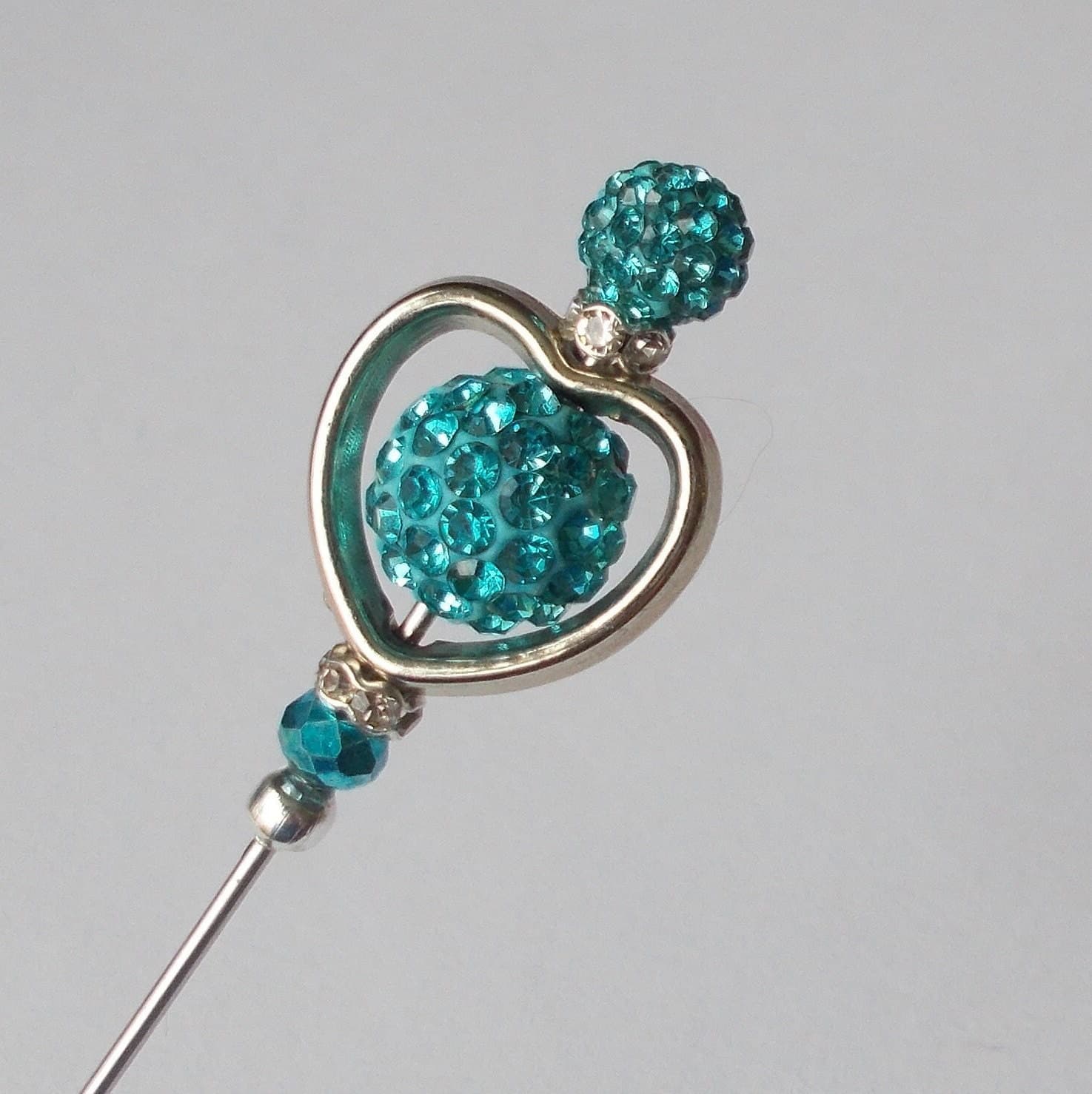Handmade Hatpin: Silver Heart, Blue Glass Beads (5.25 inch) - image 3