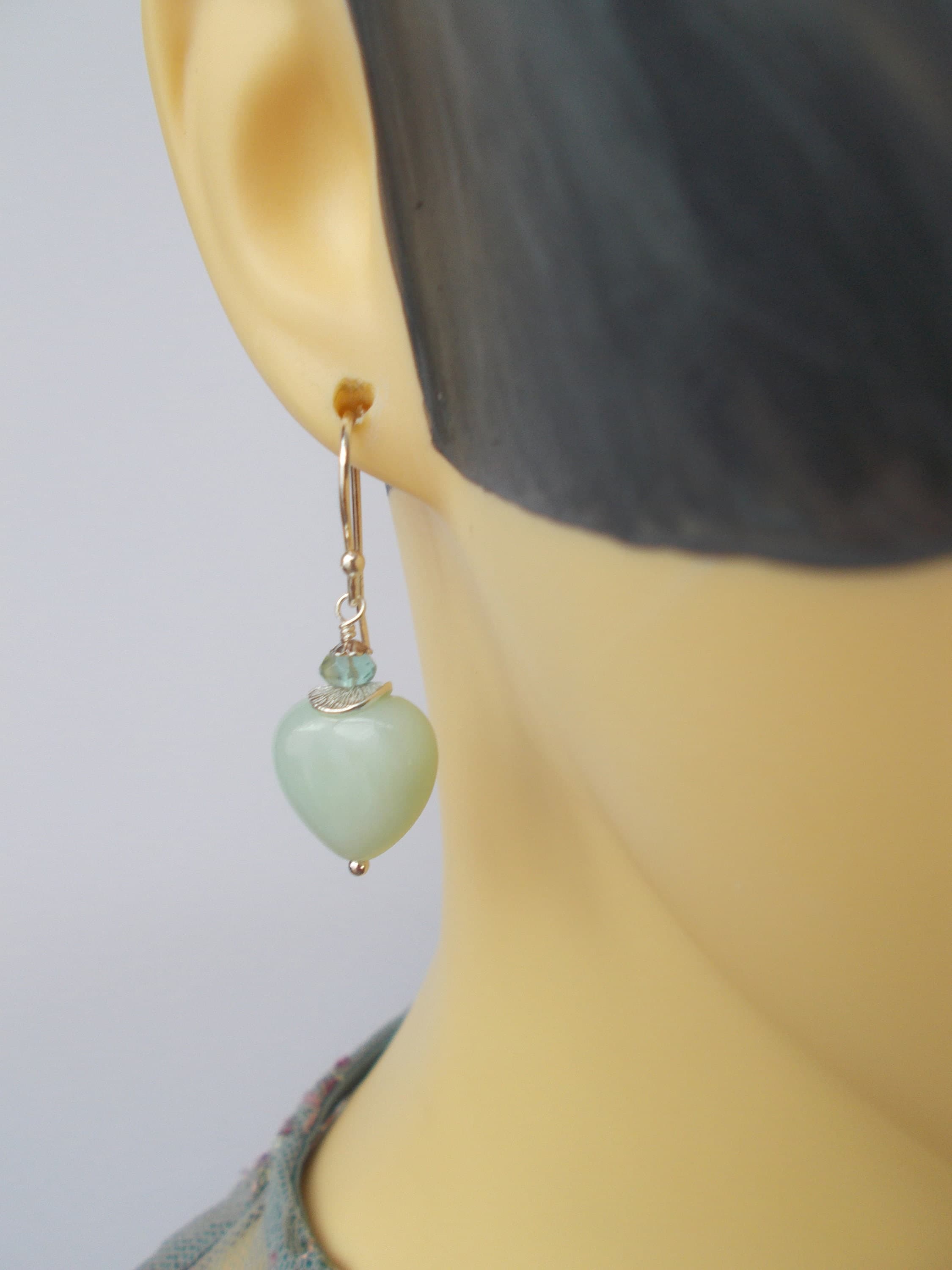 Handmade 925 Silver Earrings: Green Jade Heart & Flourite Gemstone