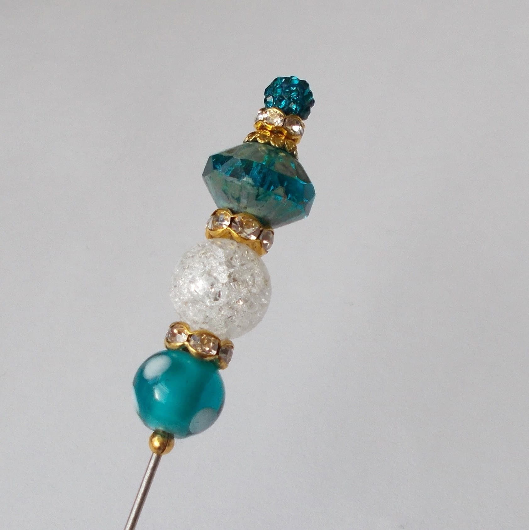 Teal Glass Bead Hatpin: Handmade Antique Style Steel Pin - image 4