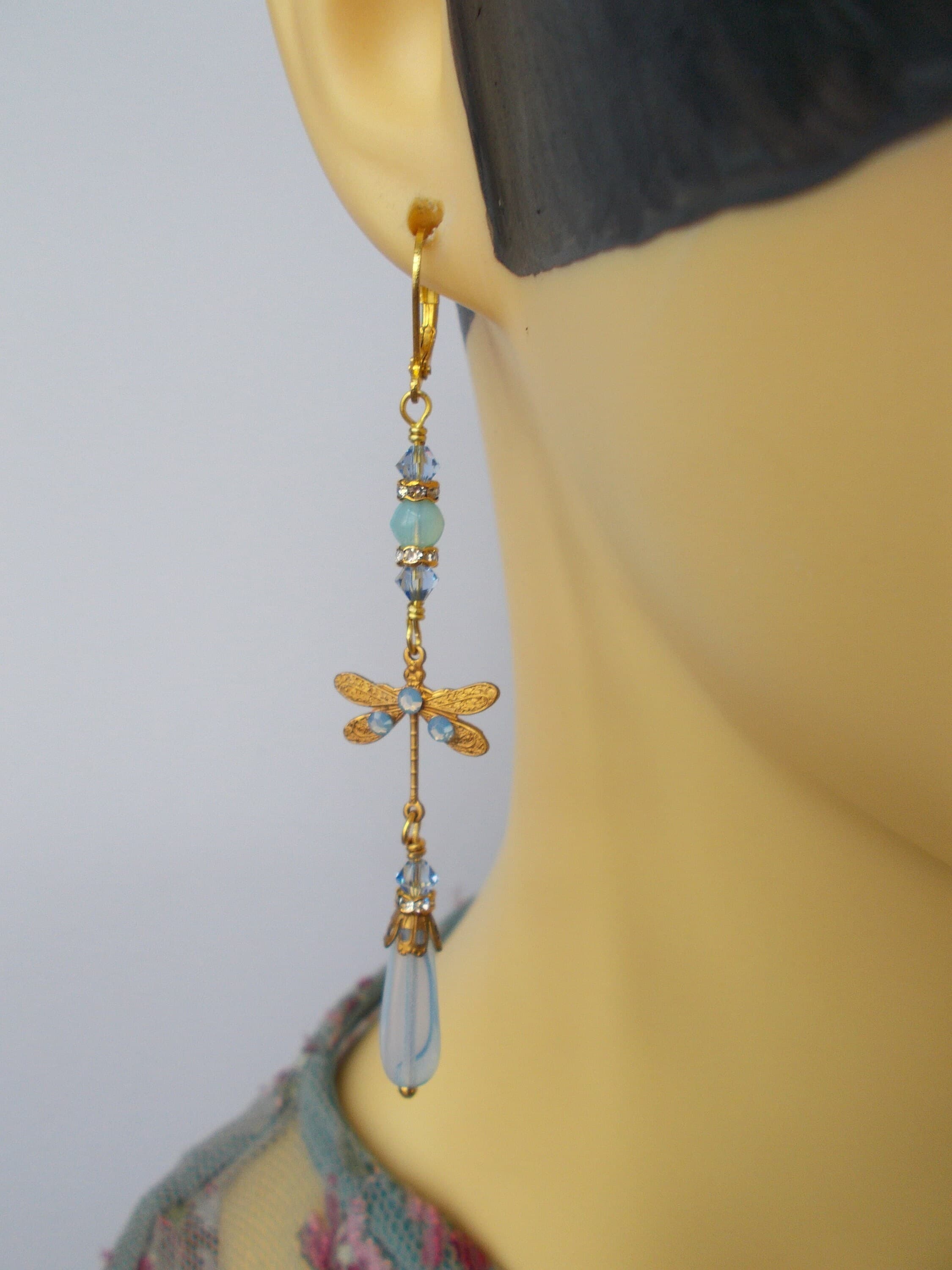 Earrings - Art Deco Inspired Dragonfly Earrings: Pale Blue Glass, Gold Plated Lever Backs and Brass Findings - image 5
