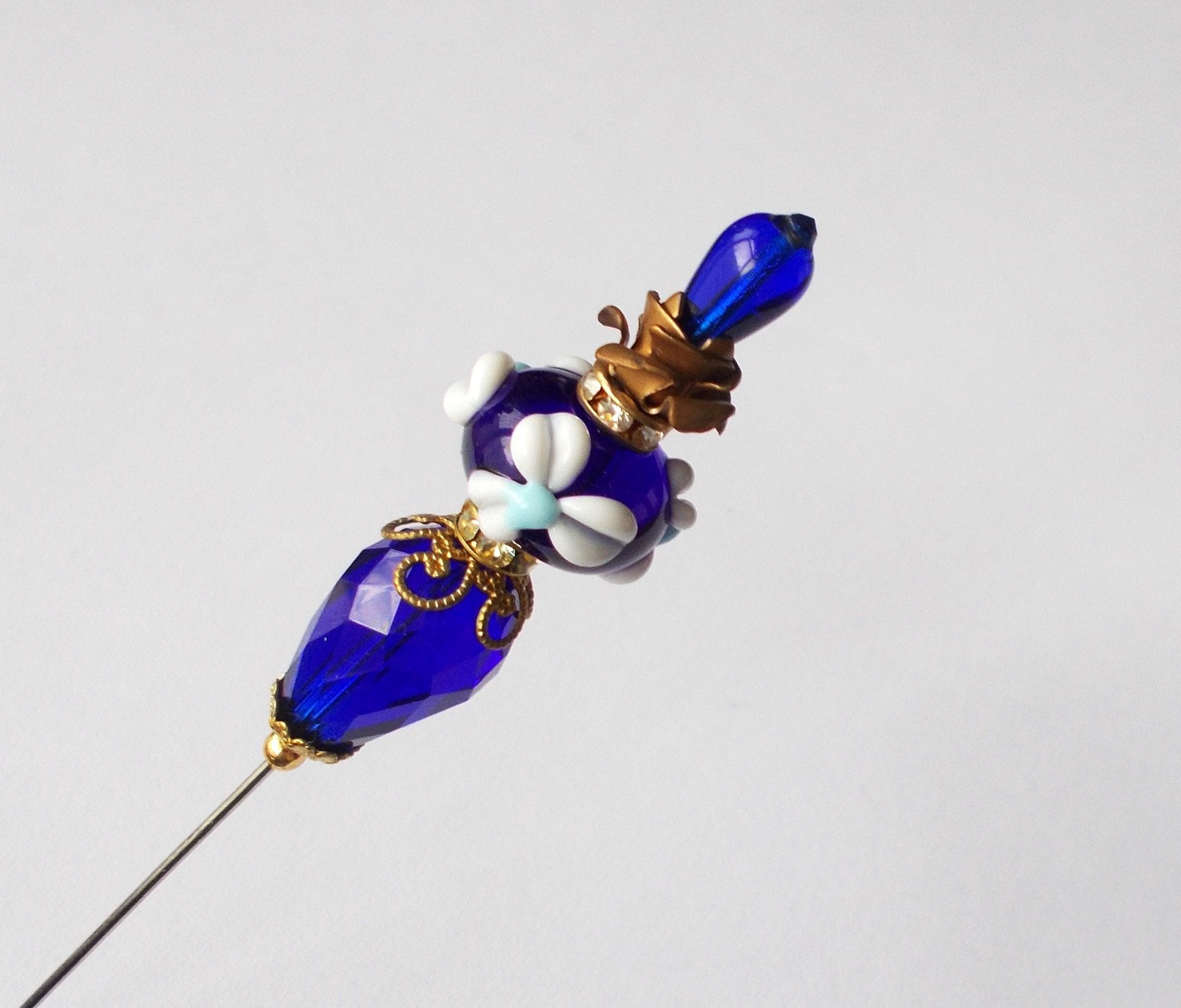 Handmade Cobalt Blue Glass Bead Hatpin: Gold Tone Floral Accent