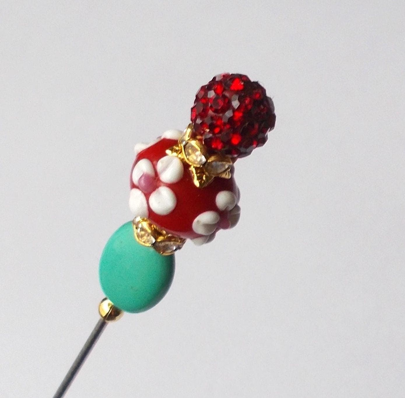 Handmade Hatpin: Green Stone, Red Glass Bead, Gold Tone - 5 Inch - image 5