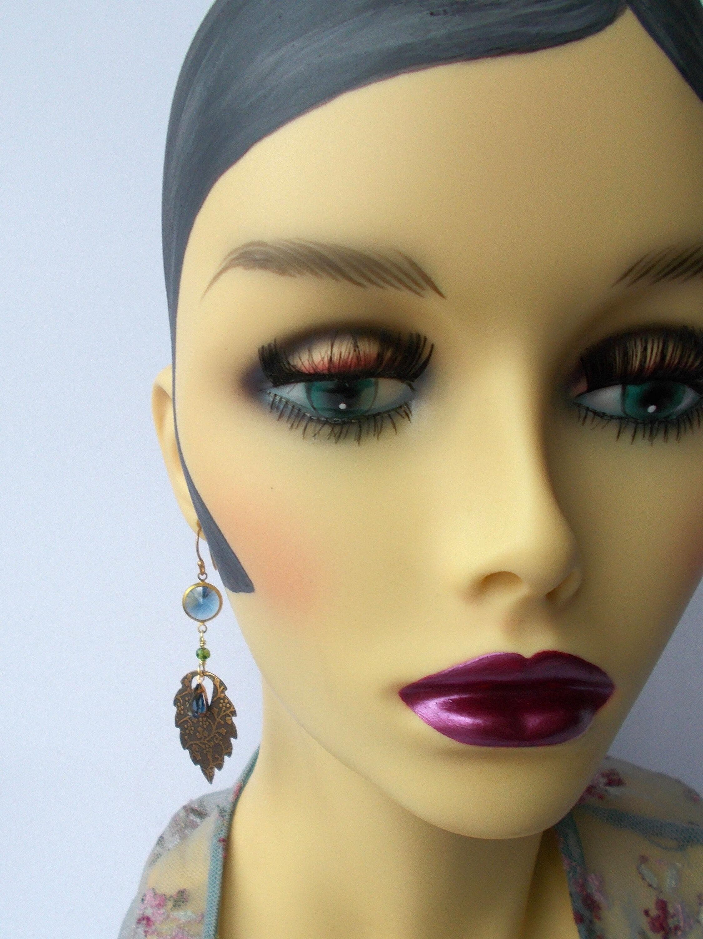 Art Deco Brass Leaf Earrings: Blue Glass Rhinestone, Handmade - image 5