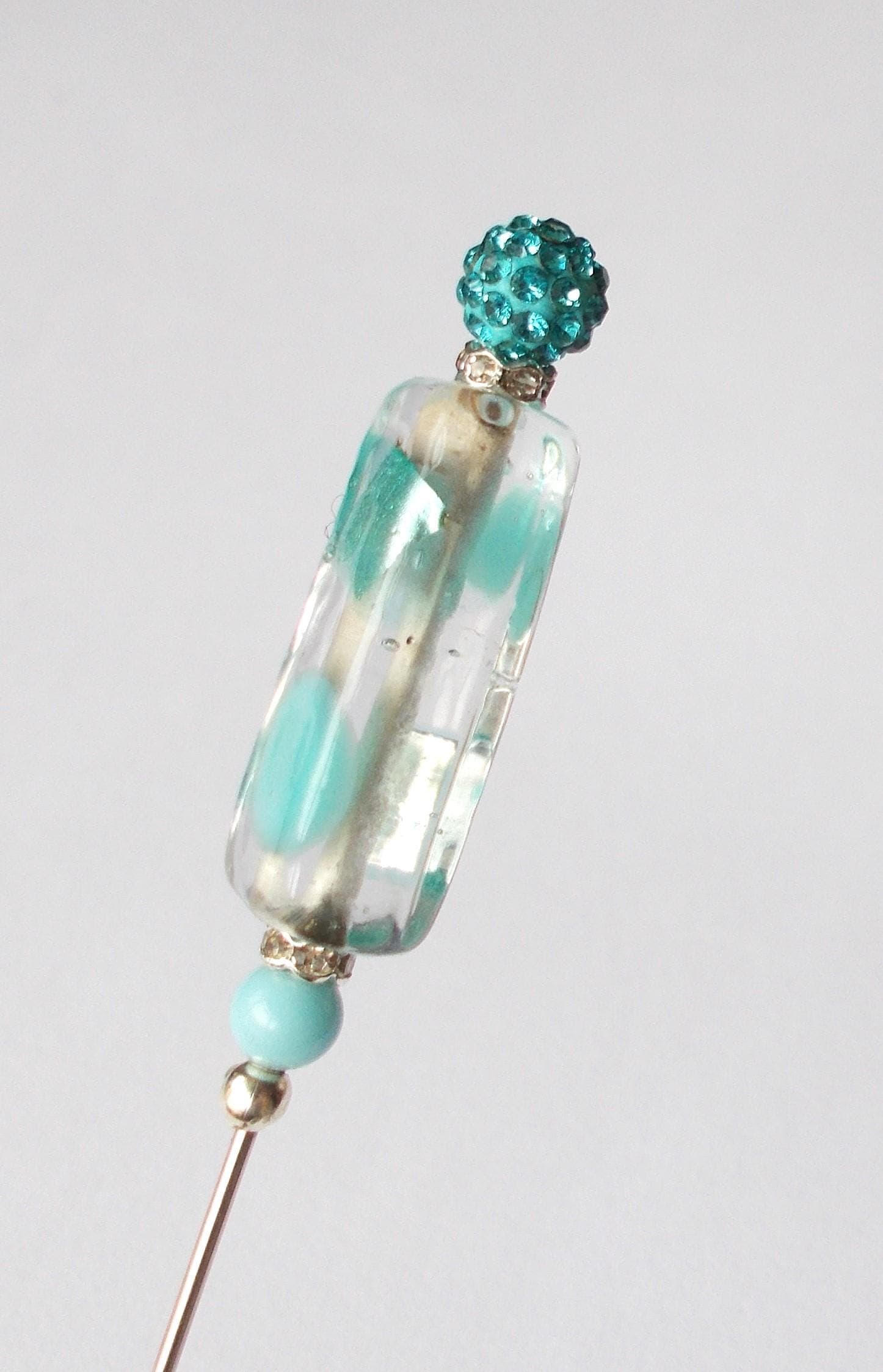 Handmade Pale Blue Glass Bead Hatpin - Silver Tone Steel (6.25 inch) - image 5