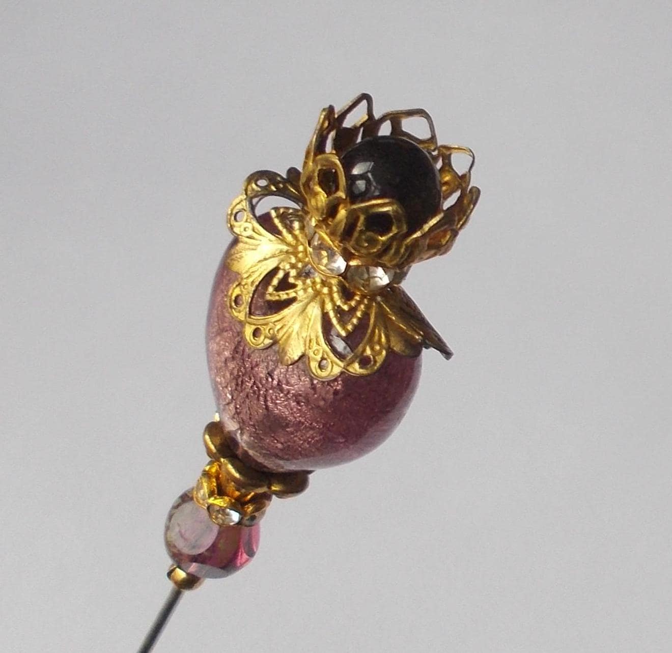 Hatpin - Amethyst Glass Heart Hatpin: 1.2mm Diameter Steel Pin, 6.5 Inches Long