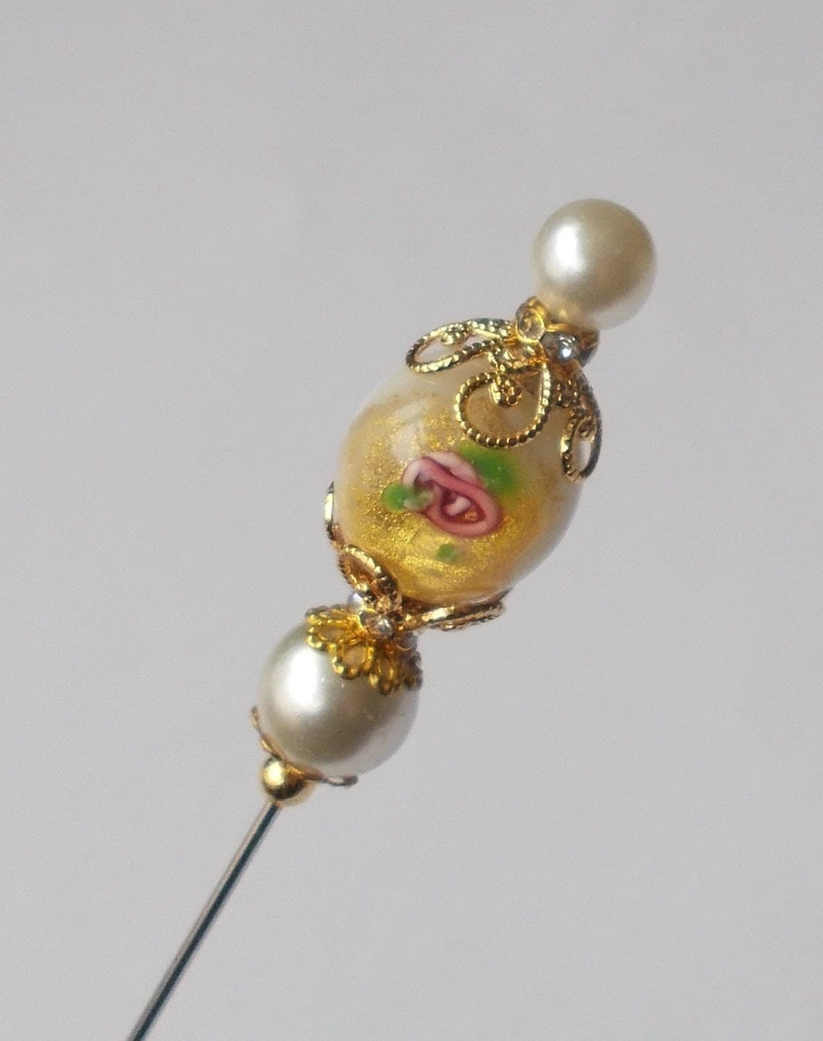 Handmade Faux Pearl Hatpin: Vintage Gold Foil Glass Bead Decoration - image 5