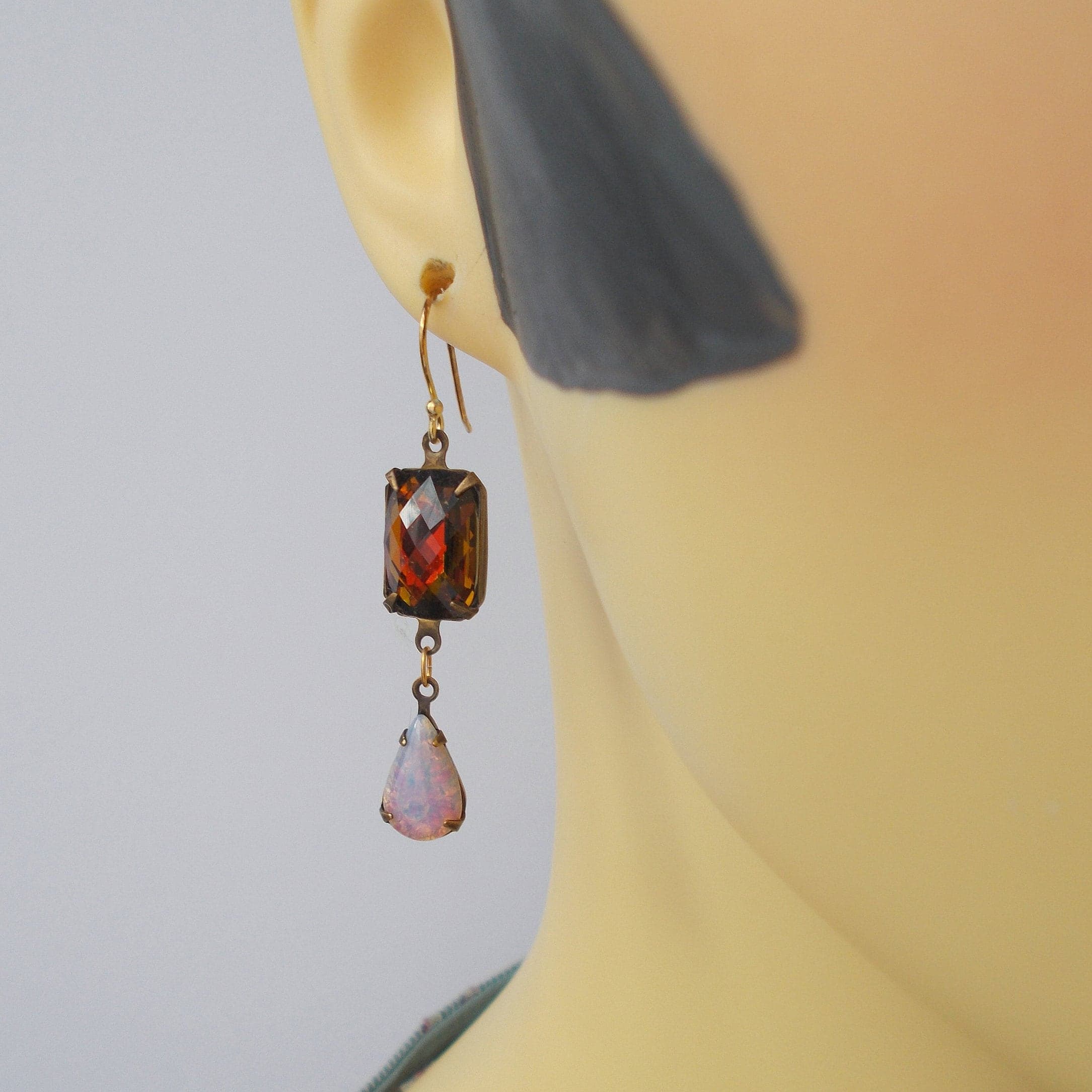 Vintage Rhinestone Dangle Earrings: Brown, Pink, Gold Vermeil