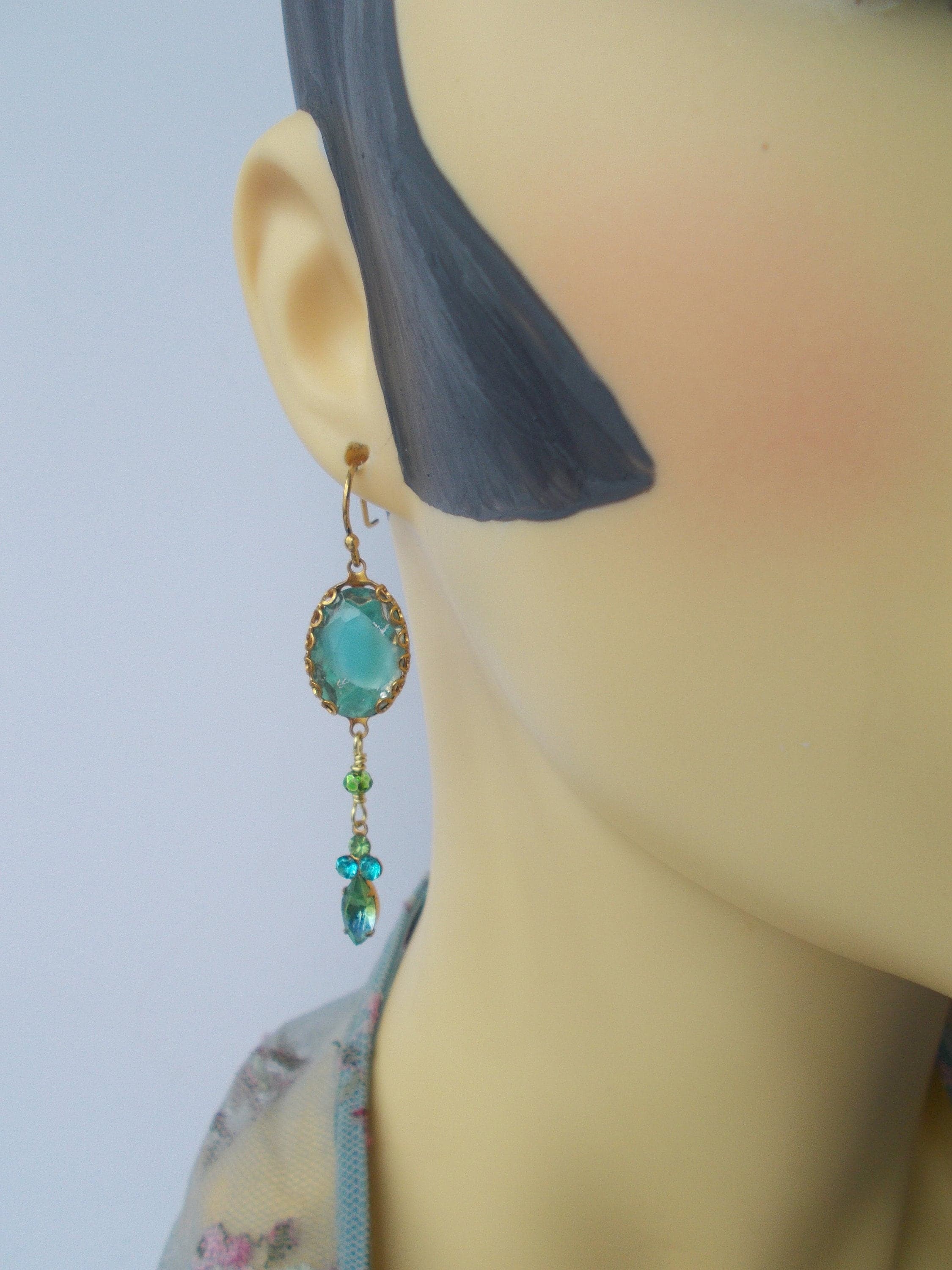Vintage Aqua Givre Rhinestone Earrings: Gold Vermeil Ear Hooks