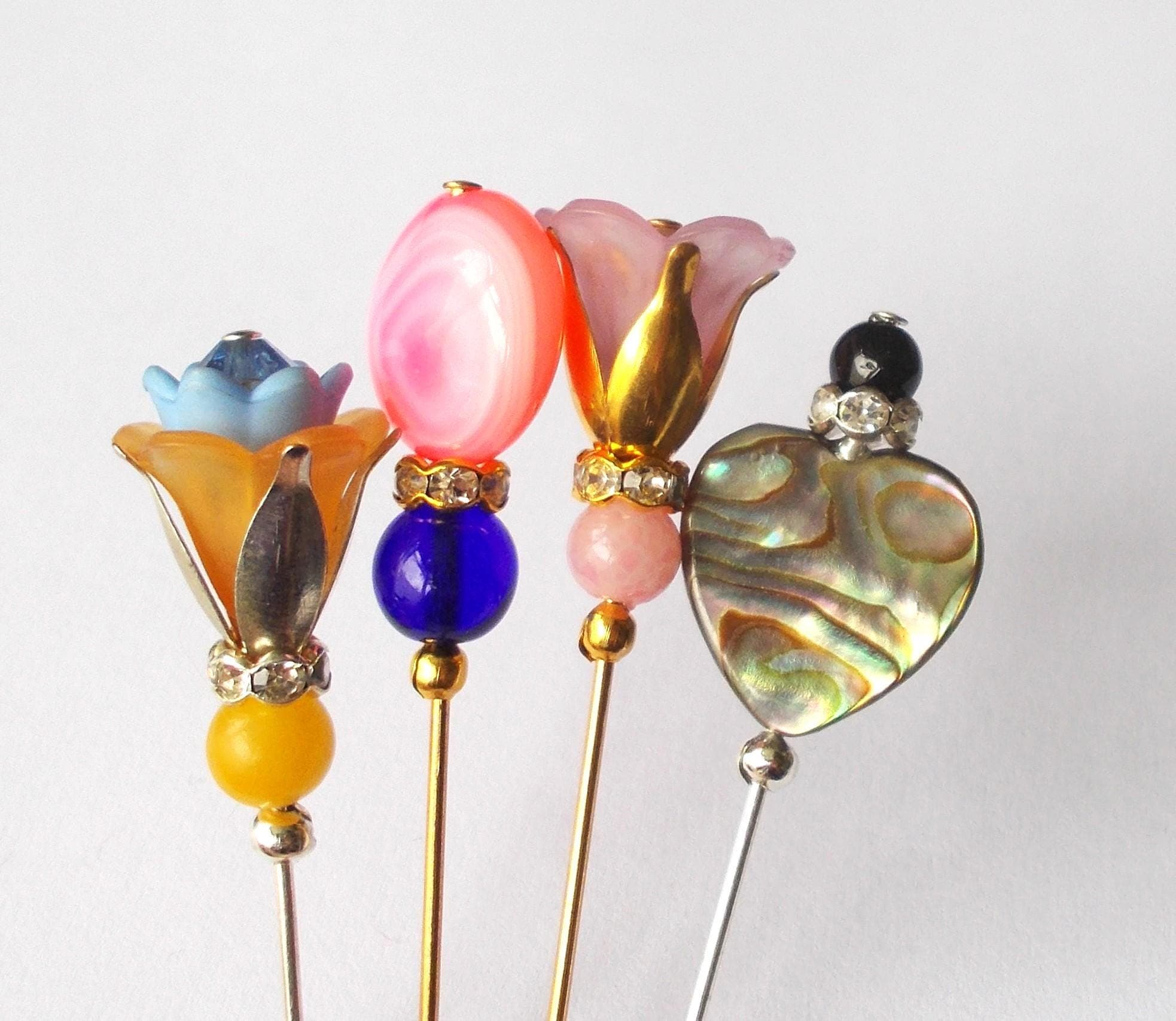4 Hijab / Lapel / Veil Pins - Handmade Glass / Faux Pearl & Lucite Hat Pins - image 4