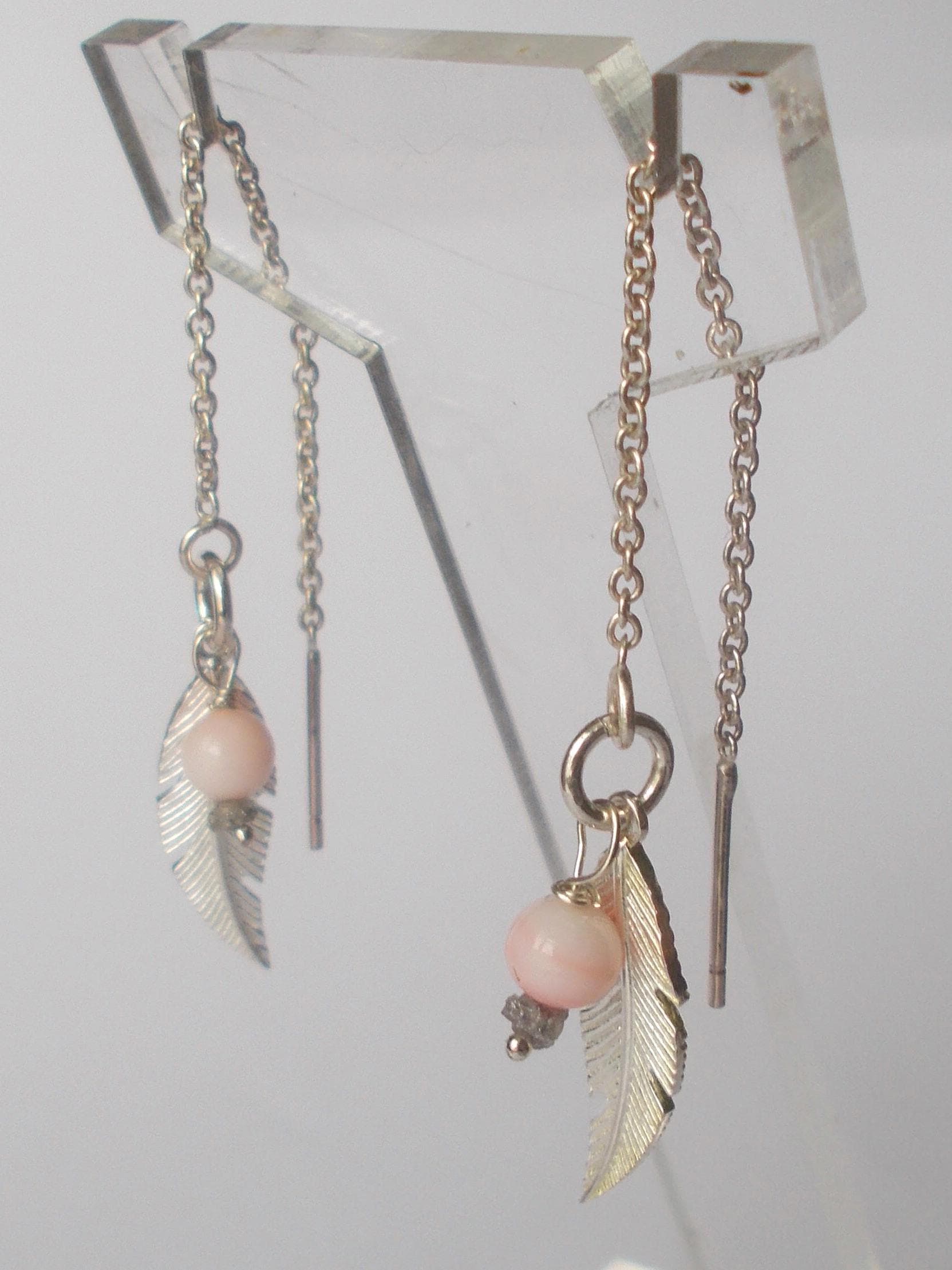 Pale Coral Sterling Silver Threader Earrings: Handmade Feather Dangle - image 4