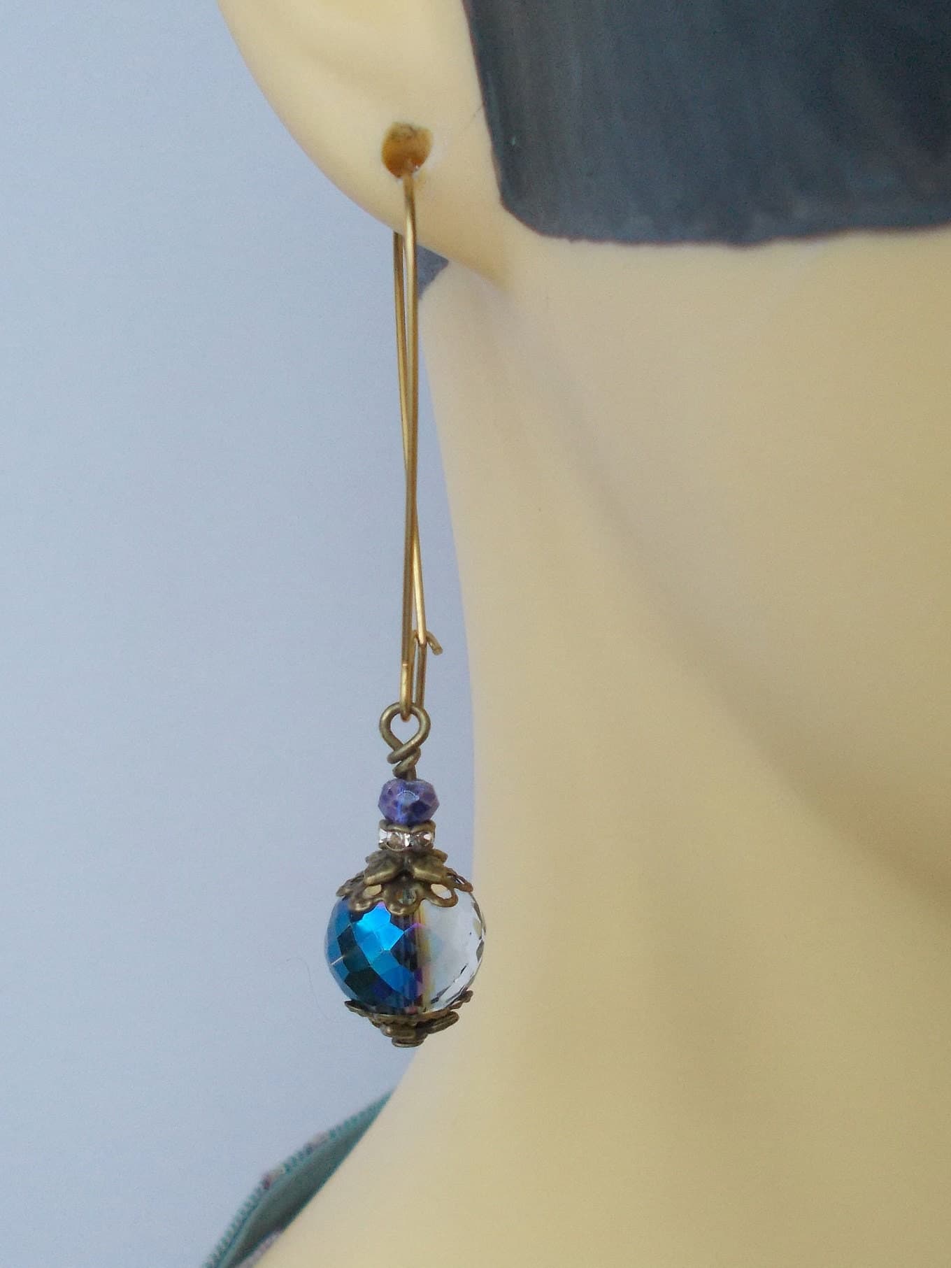 Handmade Crystal Glass Earrings: Blue & Clear Sparkly Brass Dangles