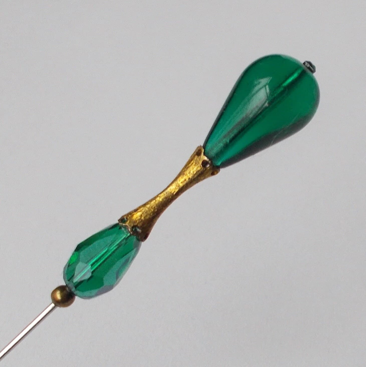 Emerald Green Glass Bead Hatpin: Vintage Brass Finding, Handmade