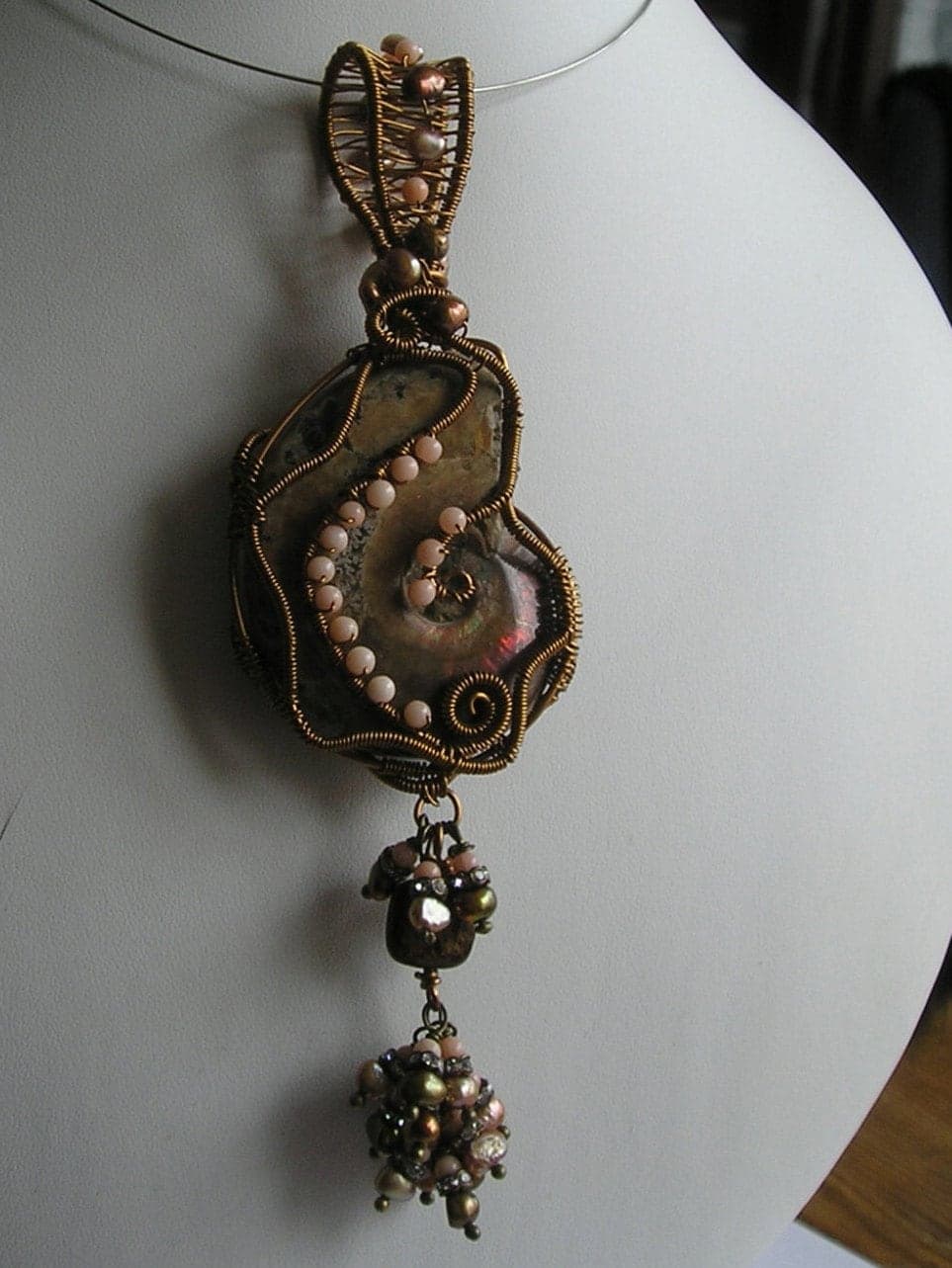 Handmade Ammonite Pendant: Wire Wrapped Coral & Pearl Tassel