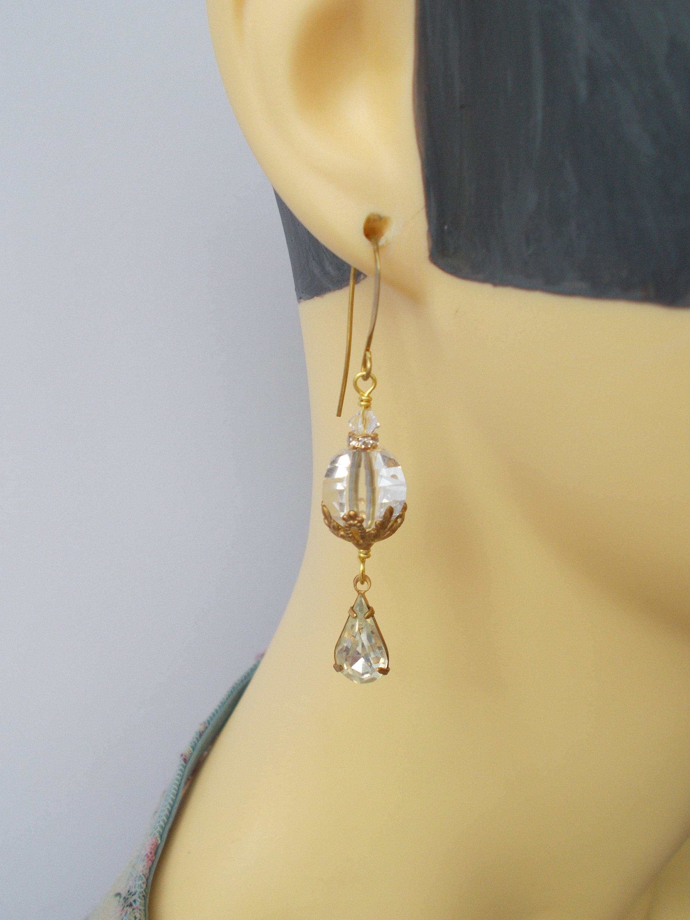 Vintage Crystal Rhinestone Earrings: Handmade Brass Floral Dangle - image 5