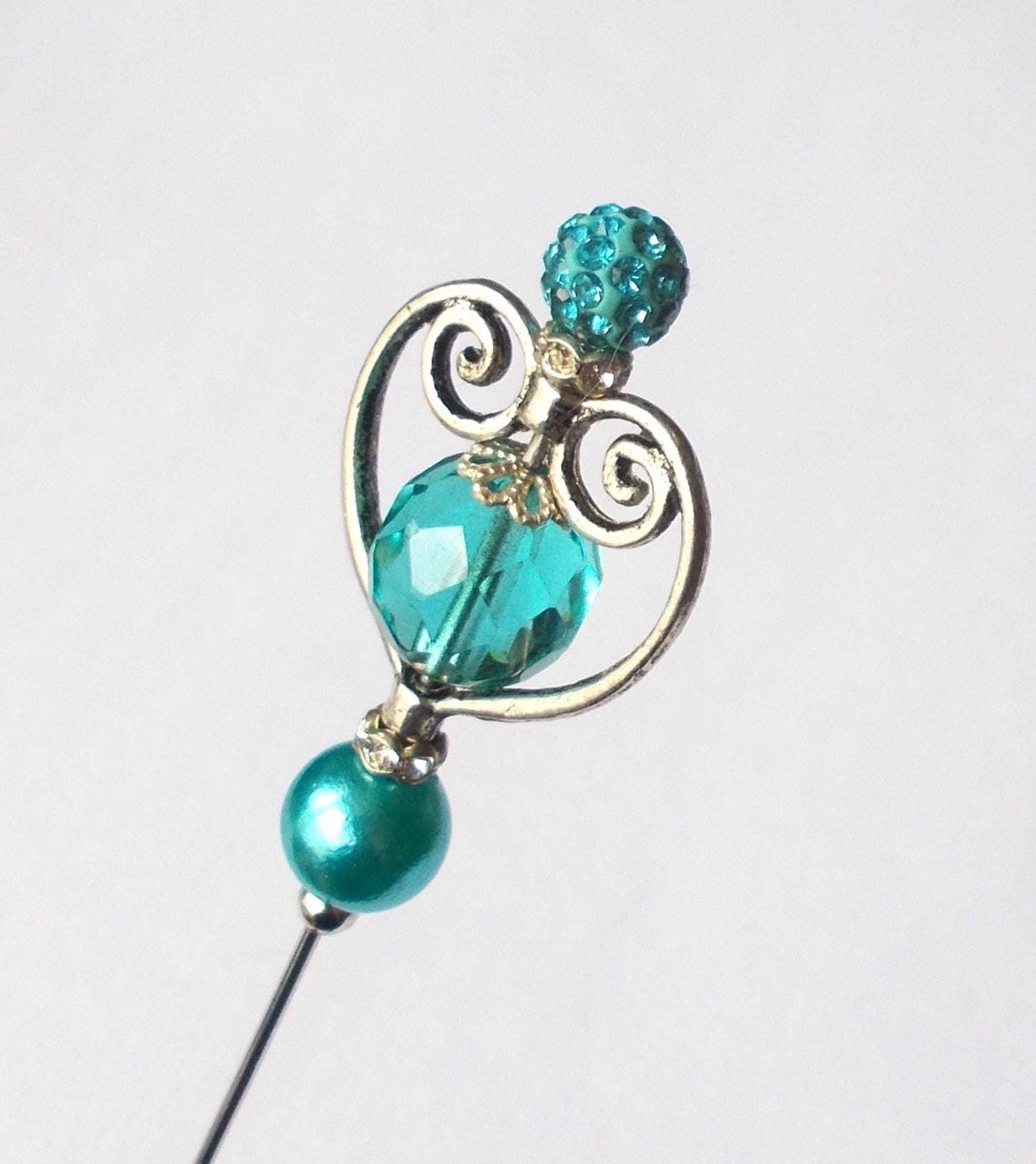 Handmade Silver Heart Hatpin: Blue Glass & Faux Pearl Bead