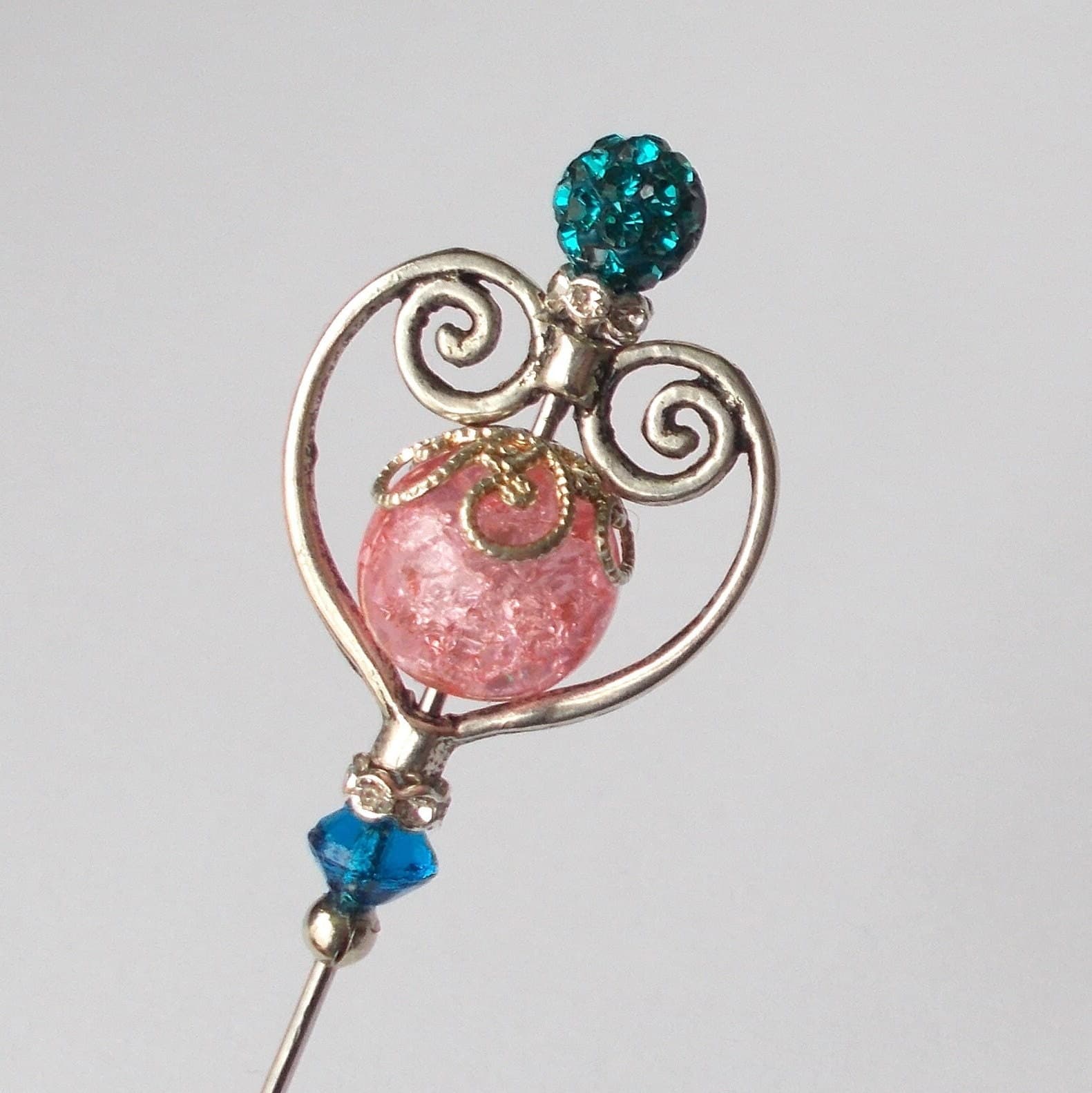 Handmade Hatpin: Silver Heart, Blue & Peach Glass Beads - image 3