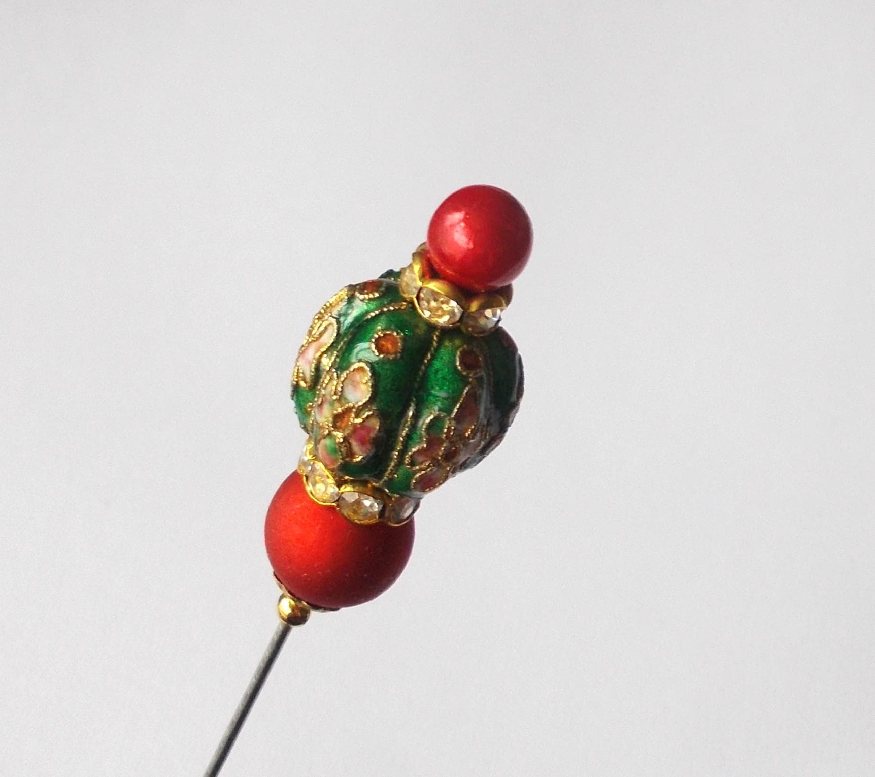 Hatpin - Pretty Handmade Green Cloisonne and Red Lucite 6.5 inches - 1.2mm Diameter Steel Pin - image 4