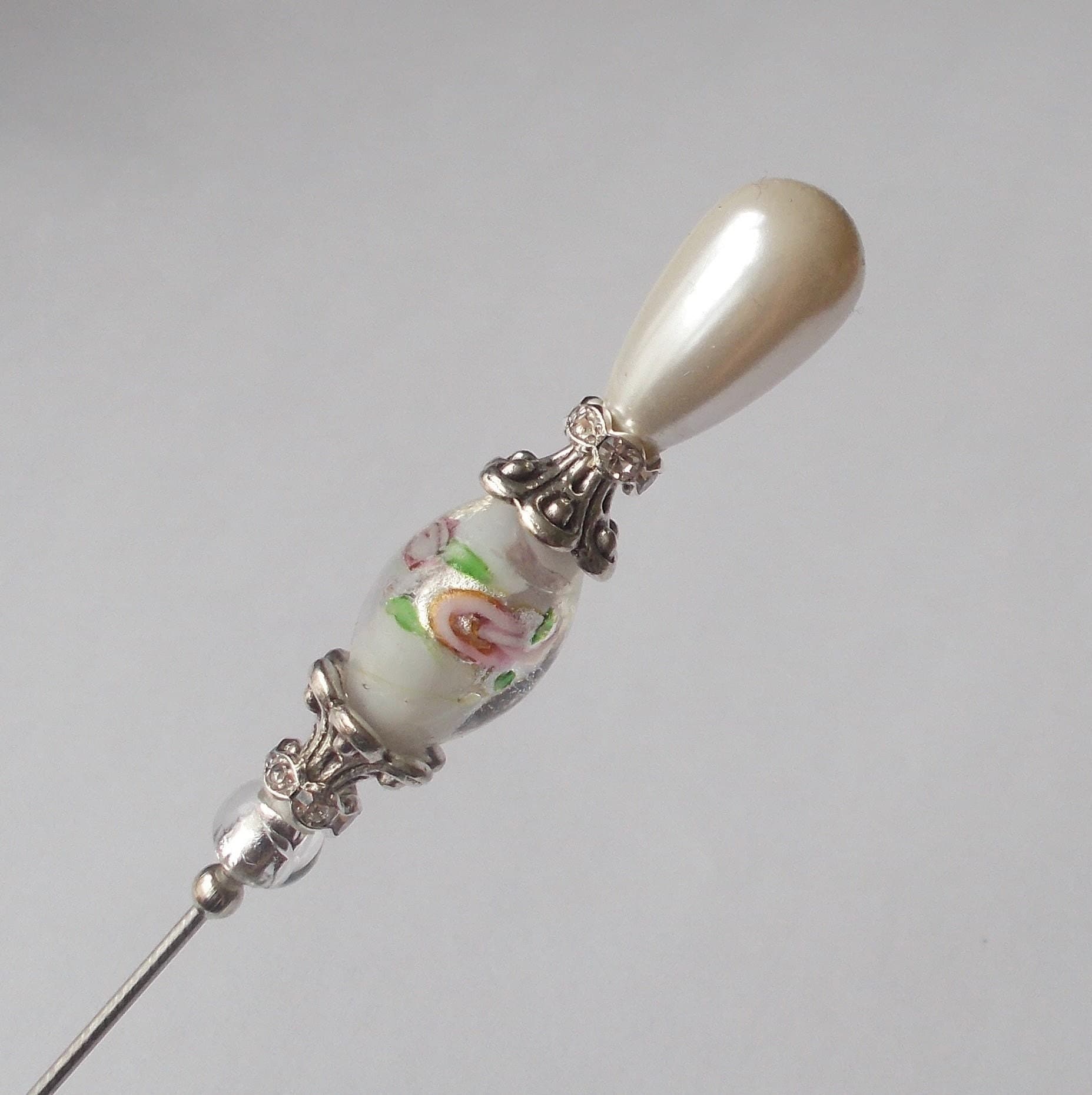 Handmade Faux Pearl Hatpin: White Glass Bead, Silver Tone, 6.5 Inch