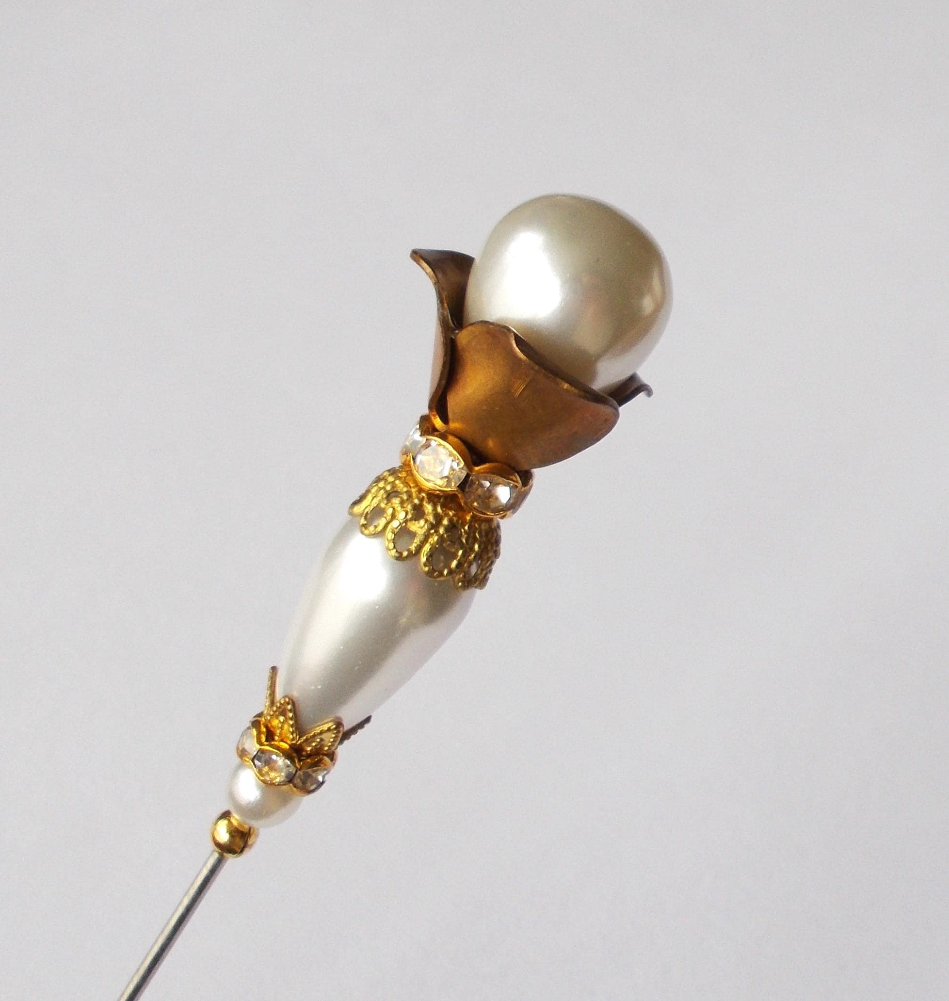 Handmade Faux Pearl Hatpin: Vintage Gold Steel Pin (5.25 inch)