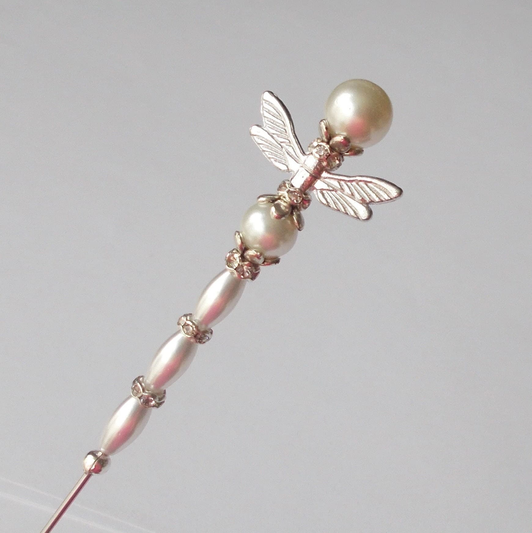 Handmade Faux Pearl Dragonfly Hatpin: Rhinestone Rondelles, Steel Pin - image 4