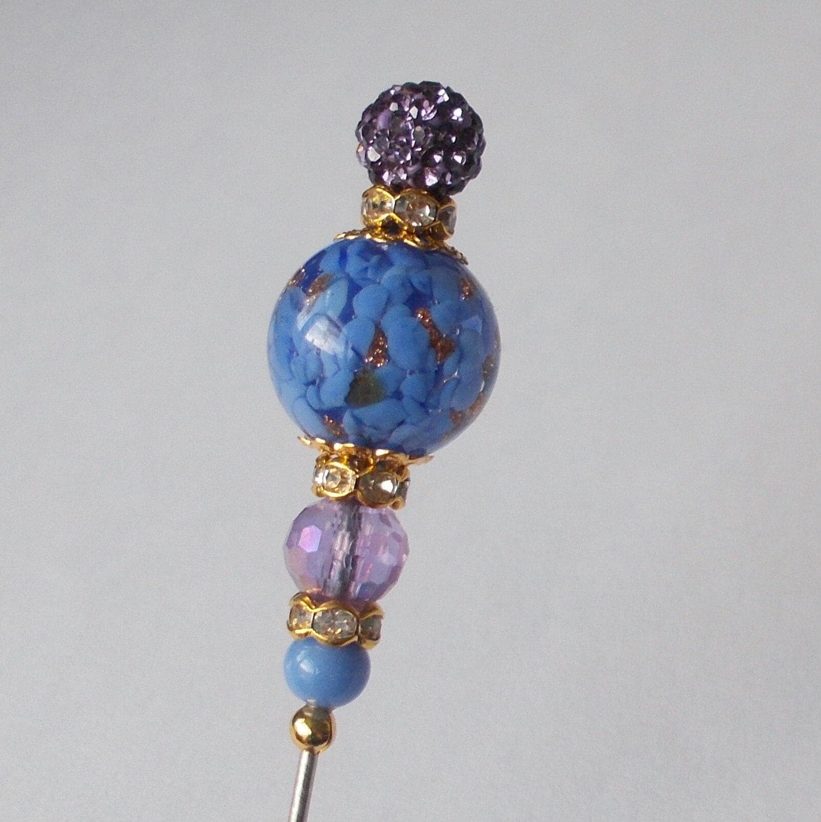 Blue & Gold Sommerso Glass Hatpin - Handmade Lilac Bead Steel Hat Pin - image 3
