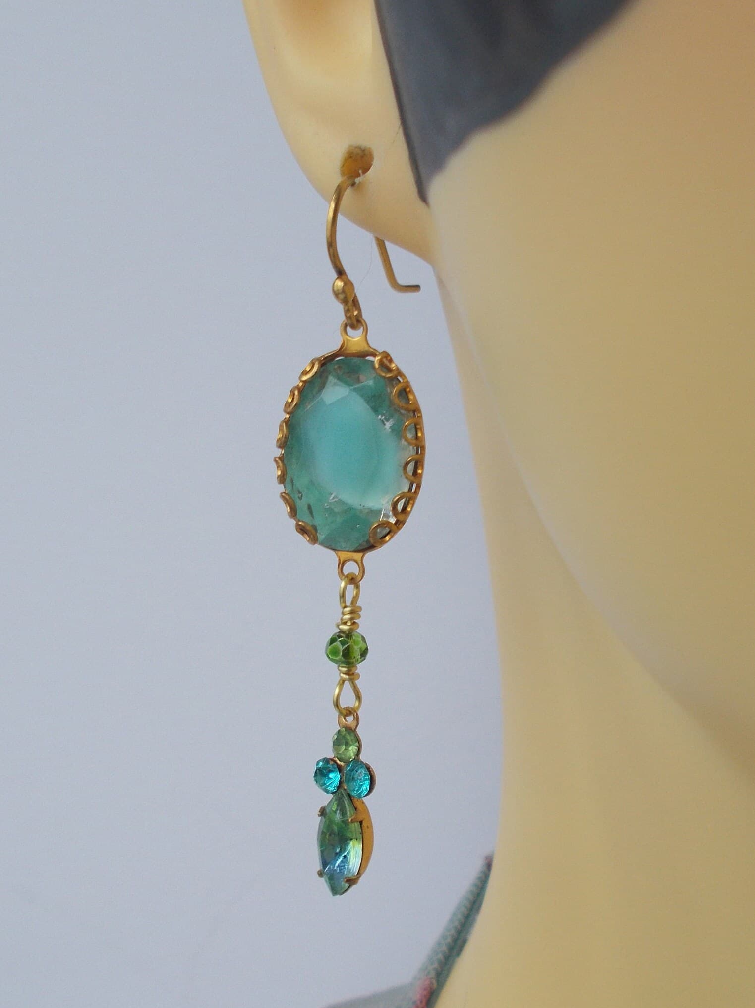 Vintage Aqua Givre Rhinestone Earrings: Gold Vermeil Ear Hooks - image 4