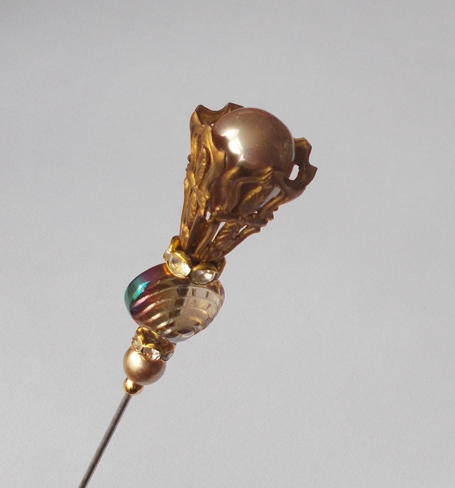 Hatpin - Handmade Champagne Pearl and Glass Bead Hatpin: Antique Gold Filigree findings, 1.2mm Diameter Steel Pin, 5.5 Inches Long. - image 5