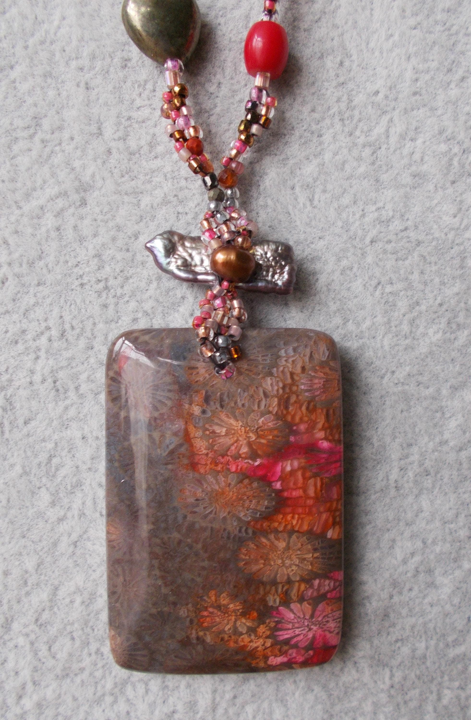 Fossilized Coral Pendant Necklace: Biwa Pearl, Garnet, Sterling Silver, 16.5 Inch - image 3