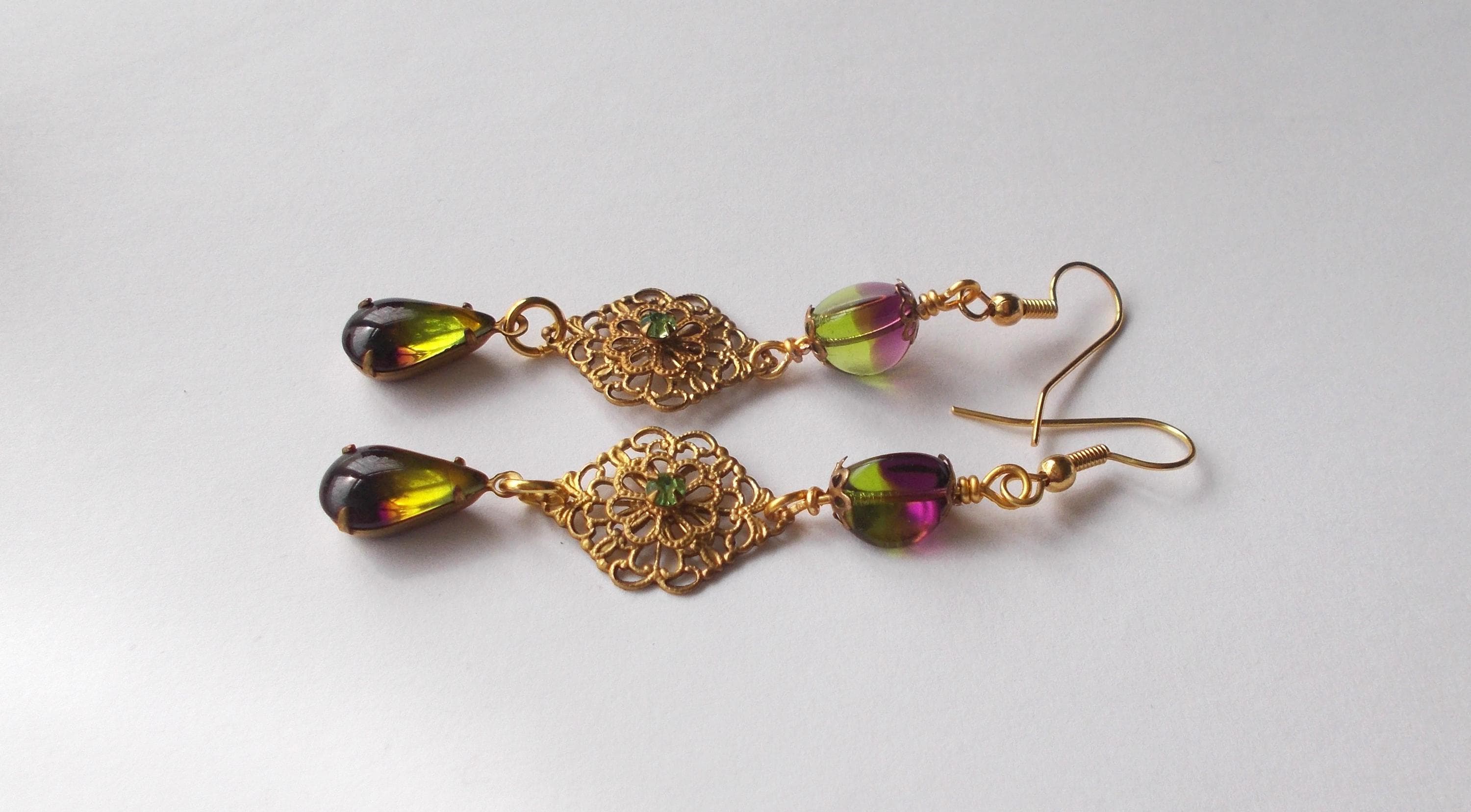 Earrings - Handmade Victorian Style Vintage Glass Beads and Rhinestones - Brass Findings