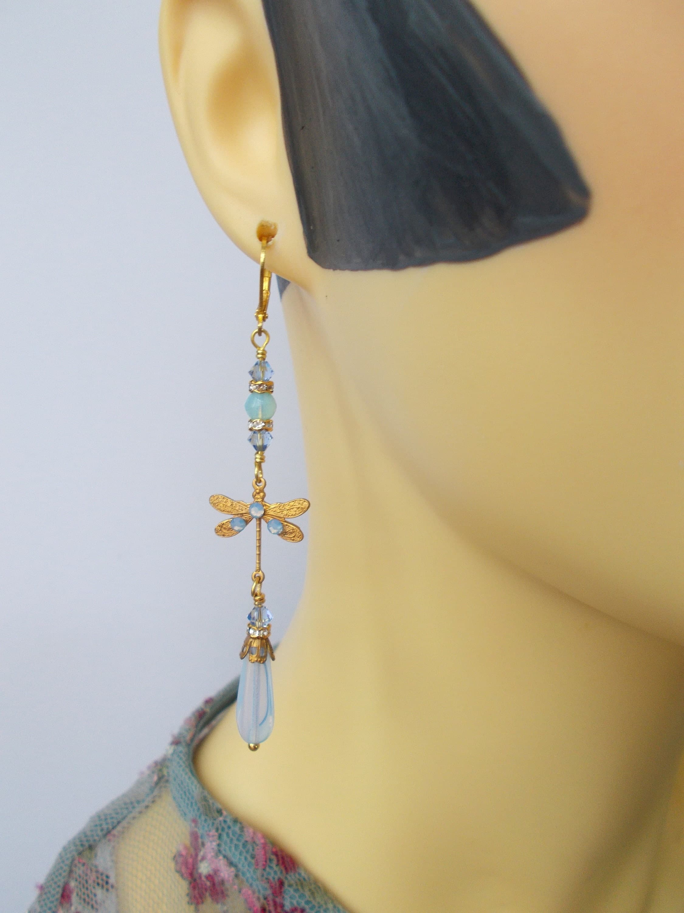 Earrings - Art Deco Inspired Dragonfly Earrings: Pale Blue Glass, Gold Plated Lever Backs and Brass Findings