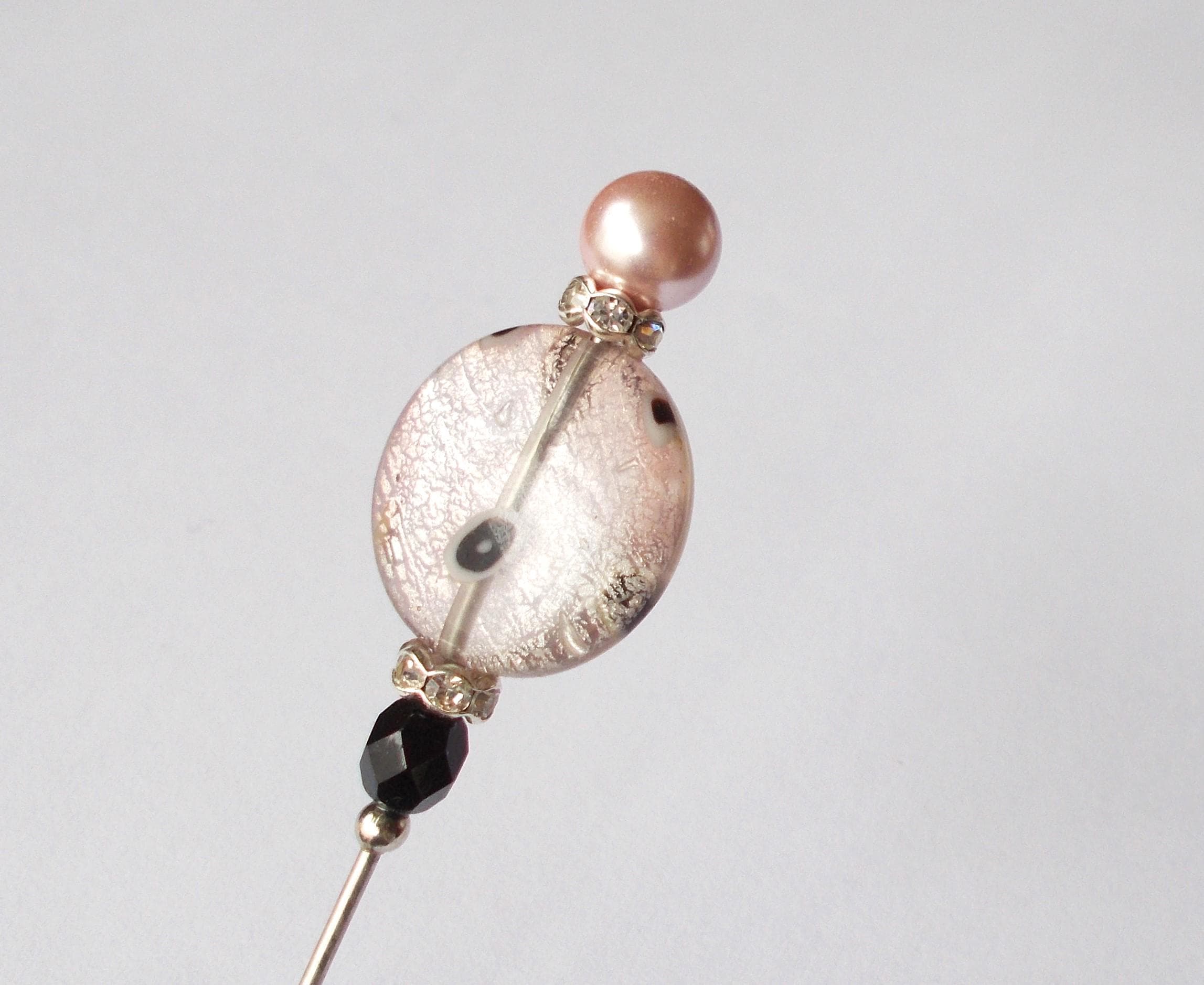 Handmade Pink Glass Bead Hatpin: Rhinestone & Faux Pearl Accent - image 5