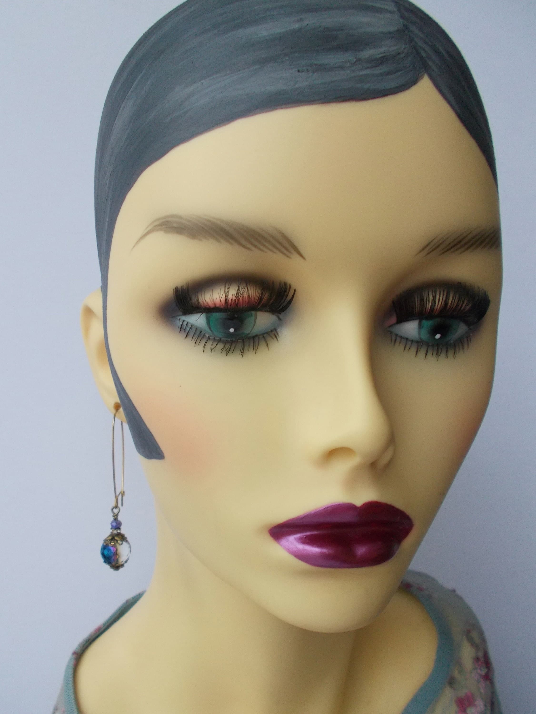 Handmade Crystal Glass Earrings: Blue & Clear Sparkly Brass Dangles - image 4