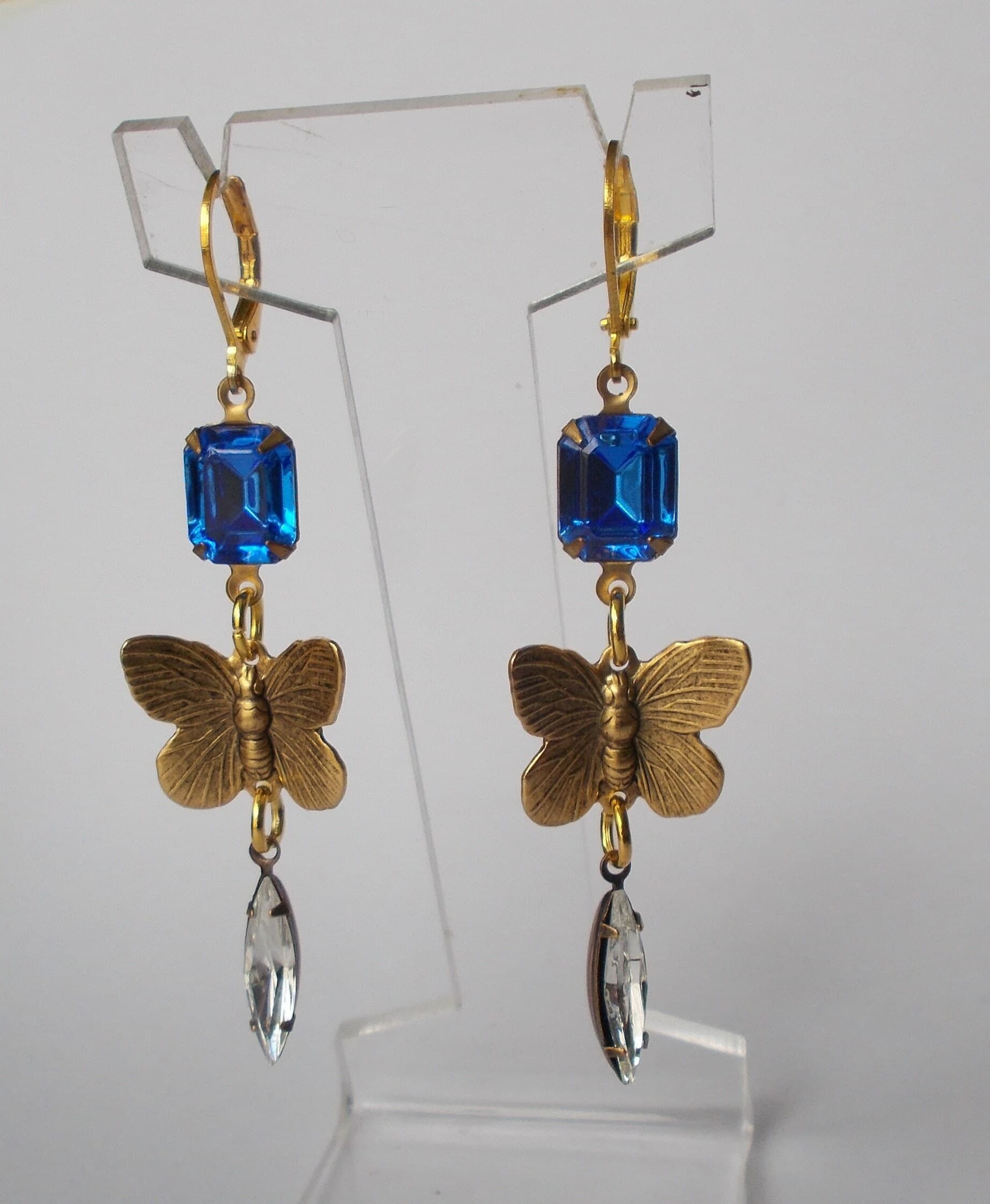 Earrings - Pretty Vintage Blue and Clear Rhinestone Long Earrings, Vintage Brass Butterflies, Gold Coloured Lever Hooks. - image 3