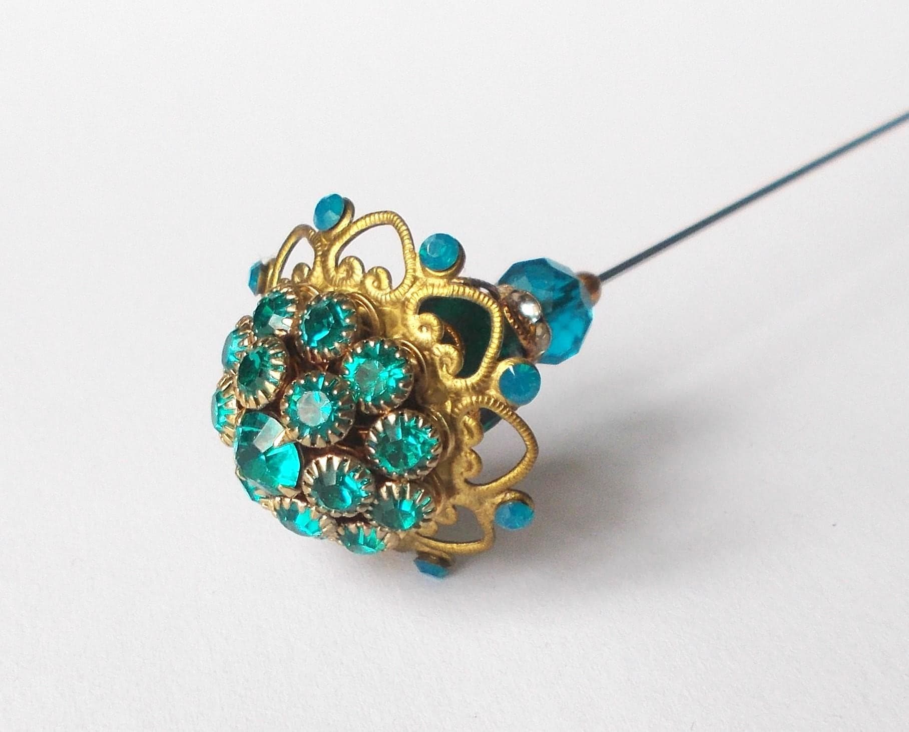 Hatpin - Limited Edition Stunning Rhinestone Decorated Metal Top and Glass Bead 7 inch Handmade 1mm Diameter Steel pin - image 4