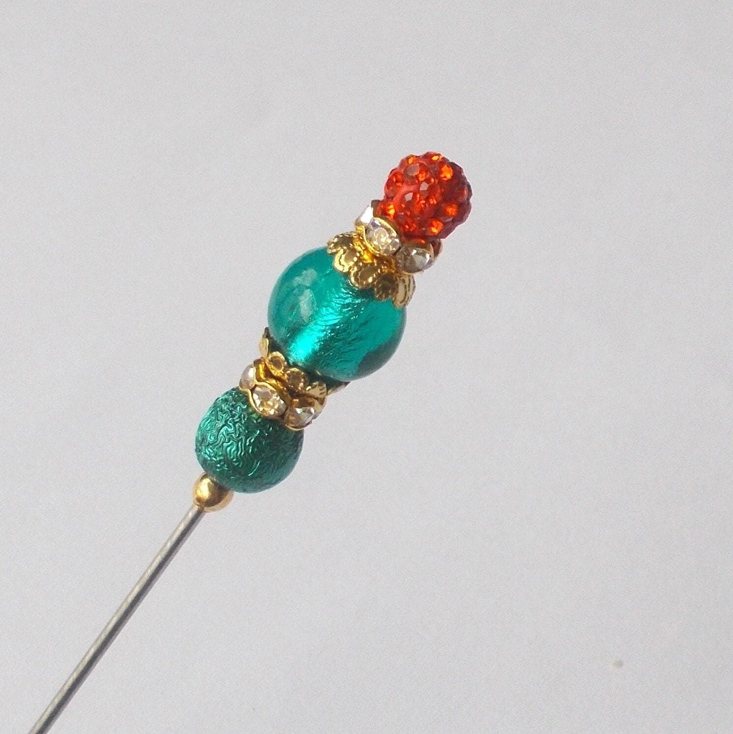 Handmade Glass Bead Hatpin: Orange & Green Vintage Style, 5 inch