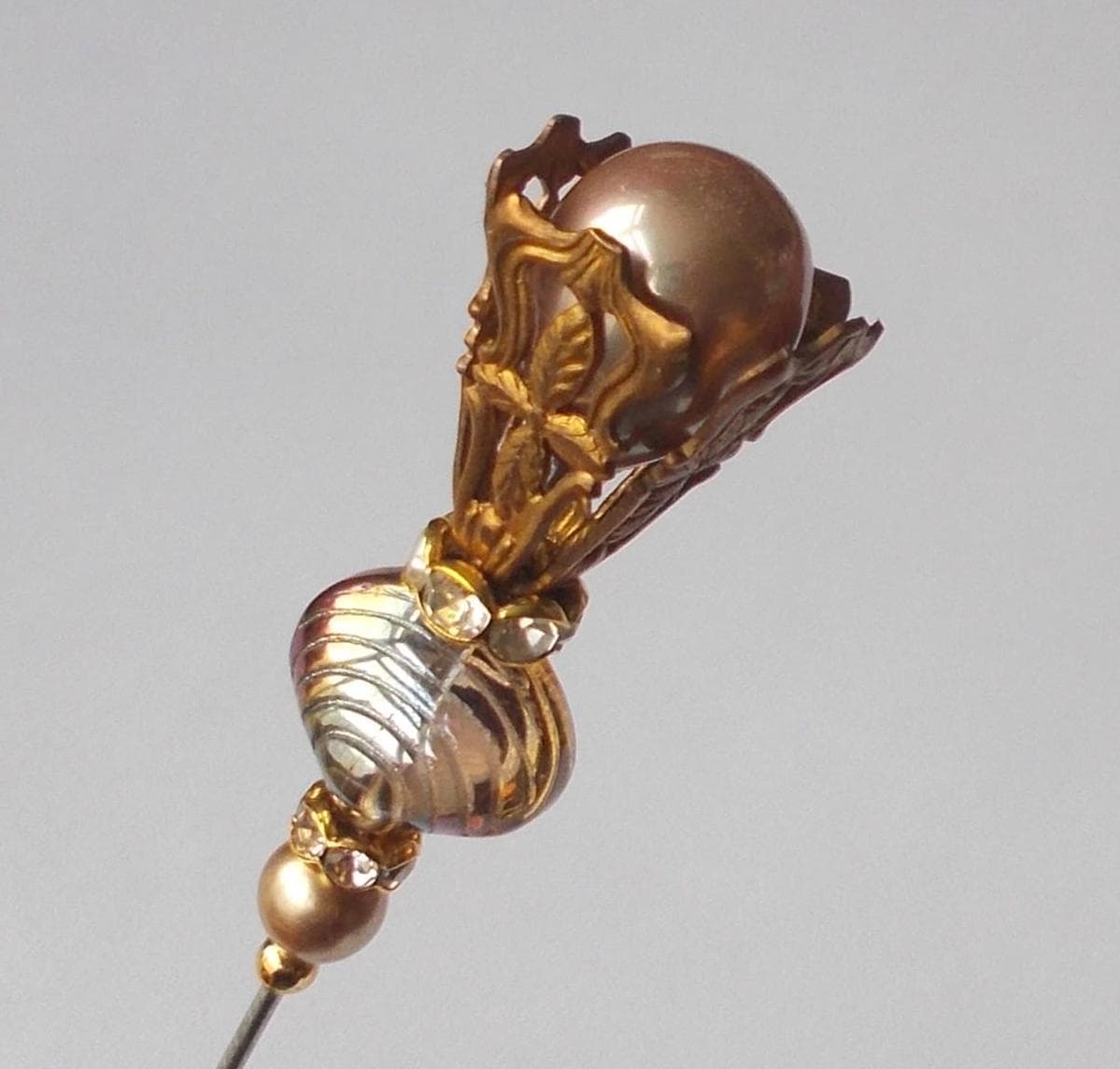 Hatpin - Handmade Champagne Pearl and Glass Bead Hatpin: Antique Gold Filigree findings, 1.2mm Diameter Steel Pin, 5.5 Inches Long.