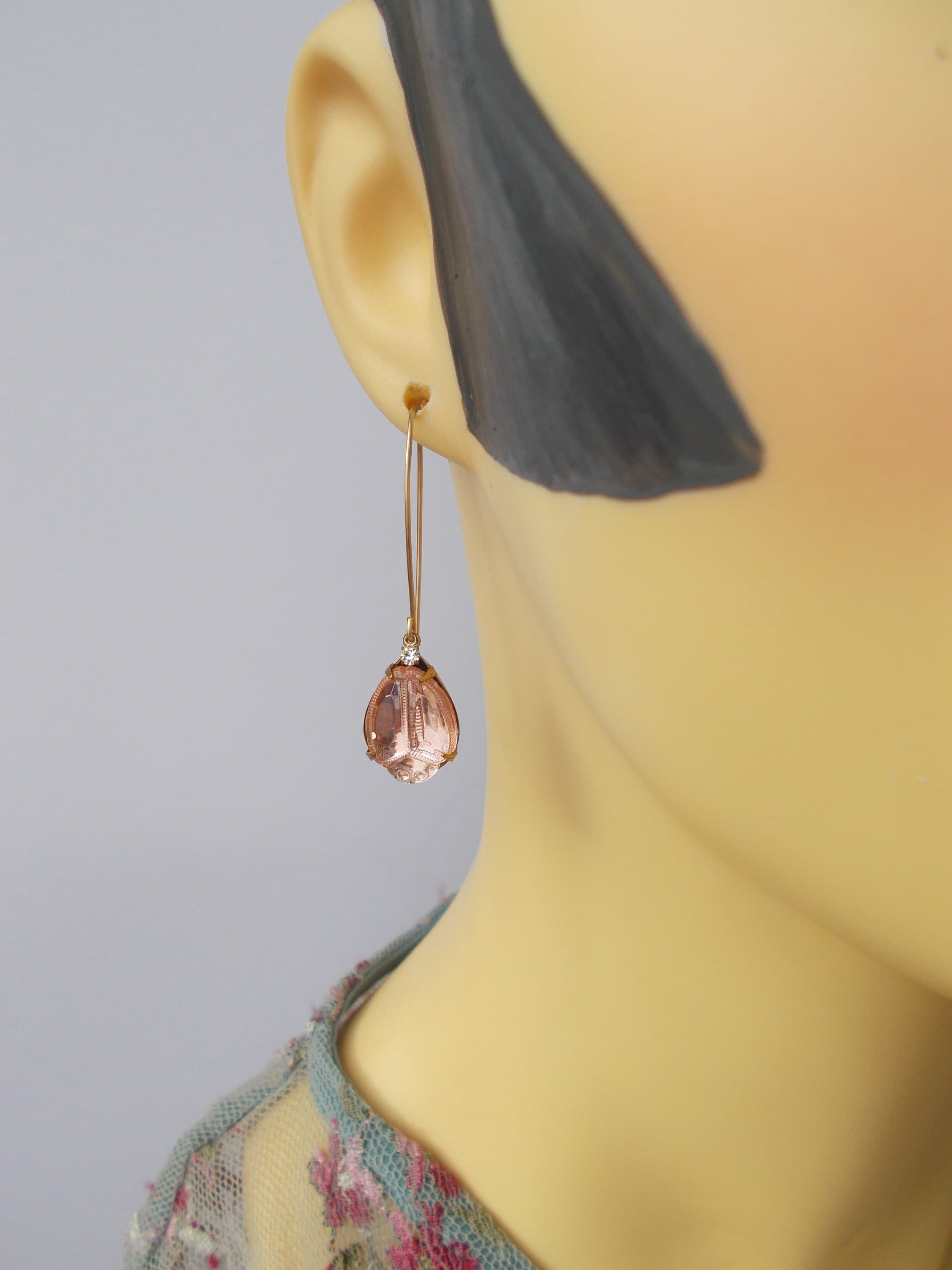Vintage Pale Pink Scarab Glass Stone Earrings: Brass & Crystal - image 3