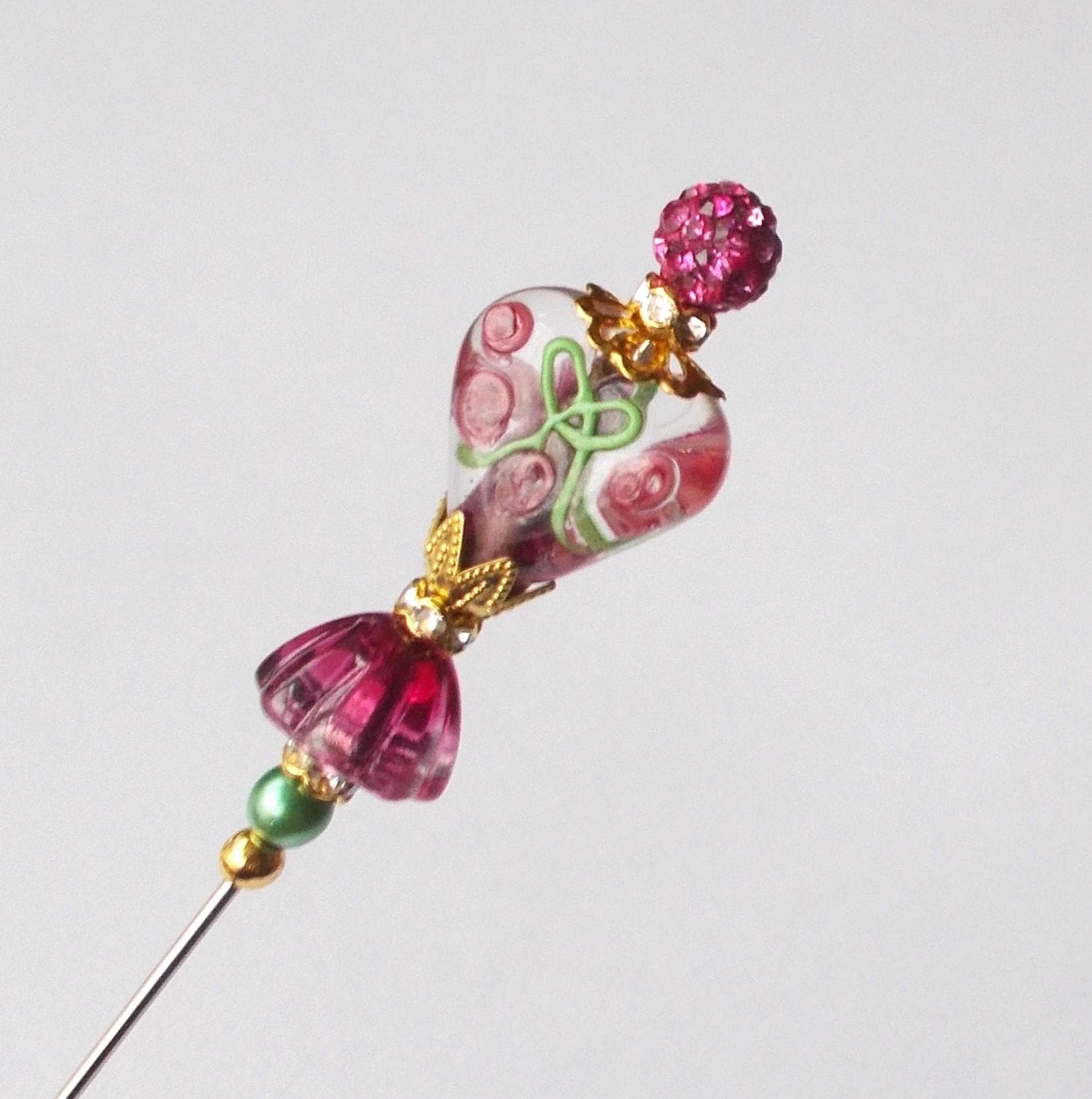 Floral Glass Heart Hatpin: Pink, Green & Gold Handmade Accessory - image 4